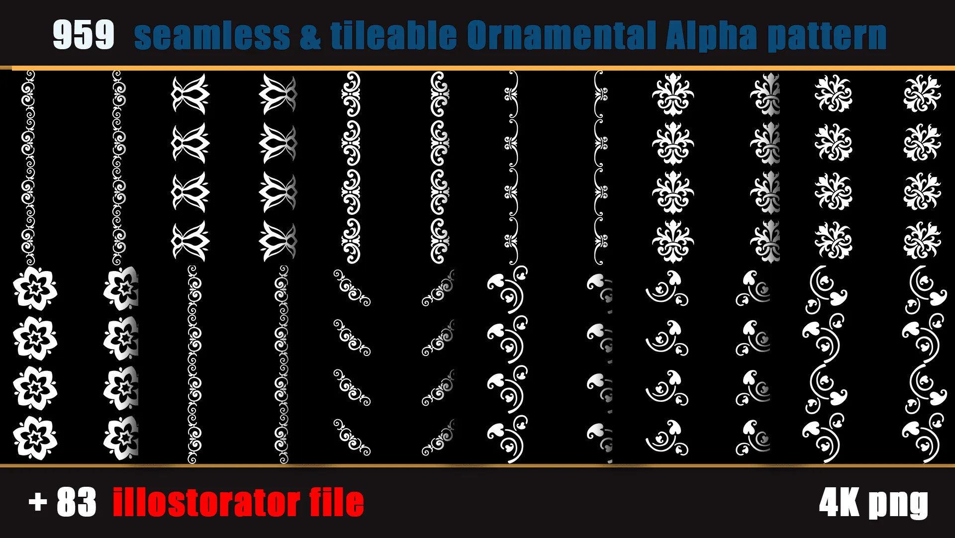 959 seamless and tileable Ornamental Alpha patterns + 83 Adobe illustrator file