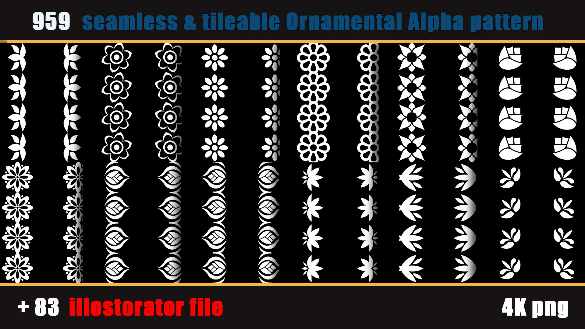 959 seamless and tileable Ornamental Alpha patterns + 83 Adobe illustrator file