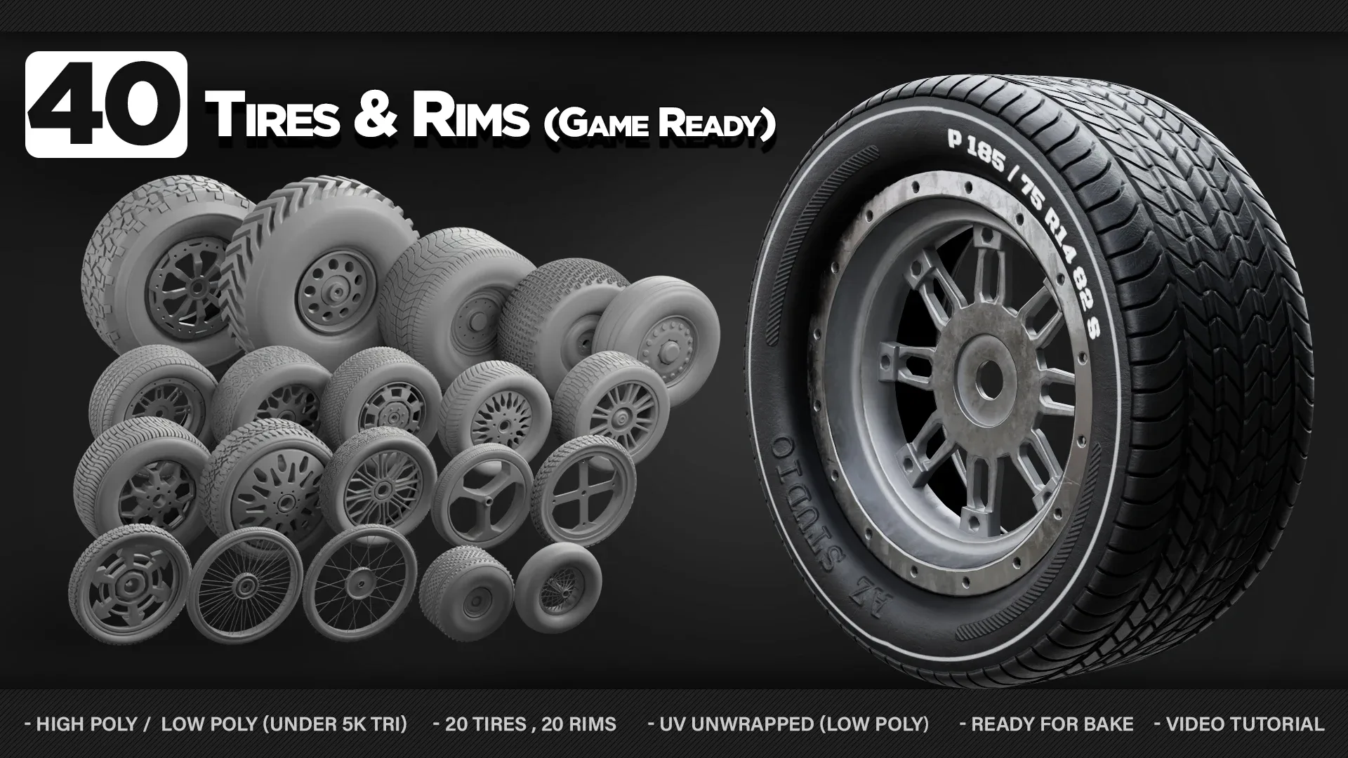 40 Tires &amp; Rims 3D Model (Game-Ready)