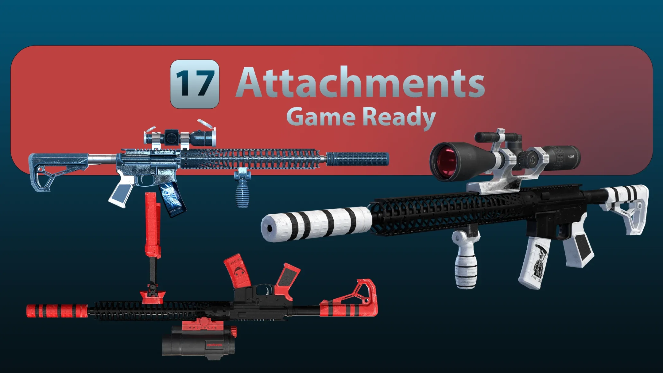 M4 + 17 Attachments + 15 Skins Low-poly 3D model Vol-00 (Game Ready)