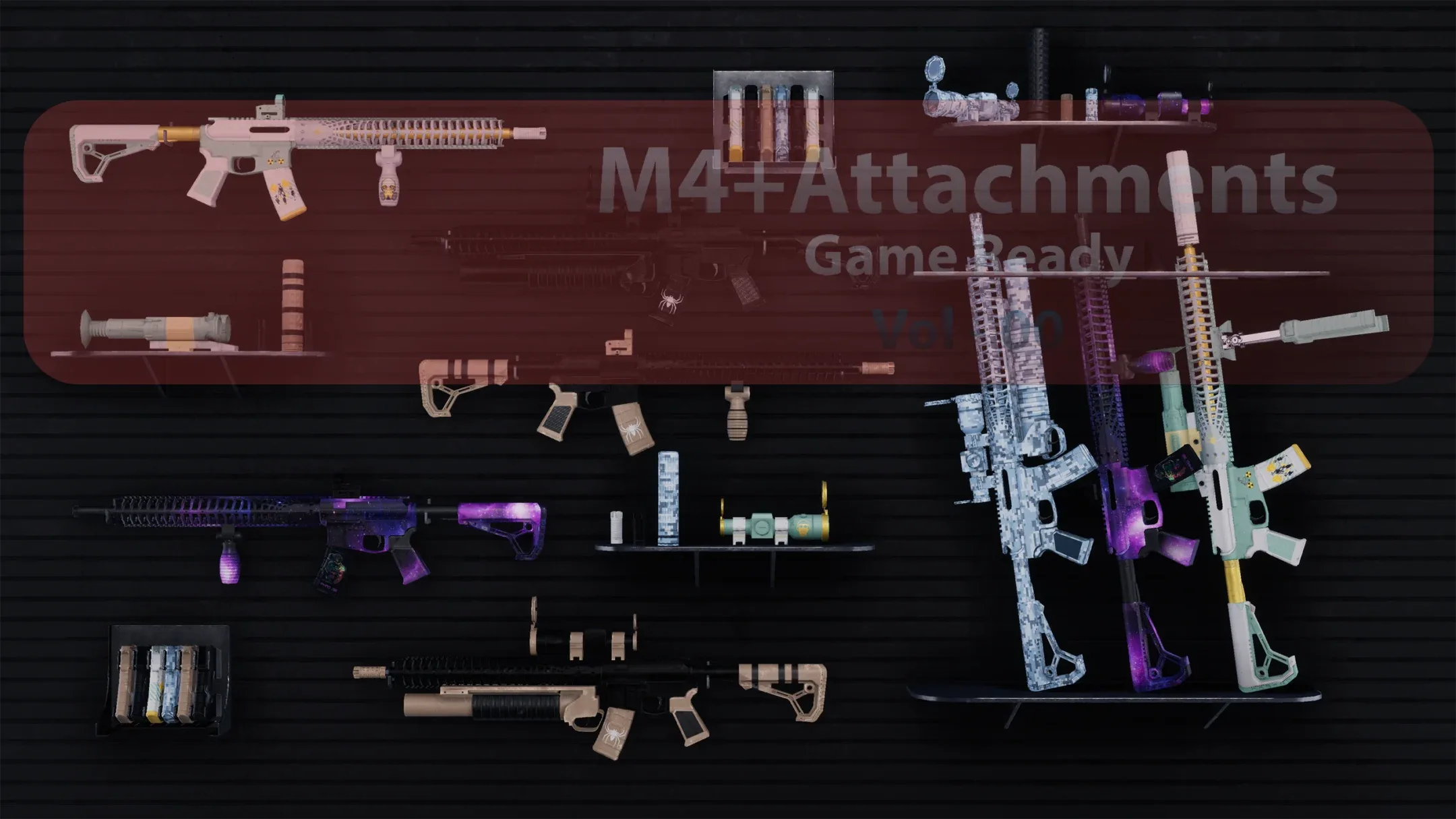 M4 + 17 Attachments + 15 Skins Low-poly 3D model Vol-00 (Game Ready)