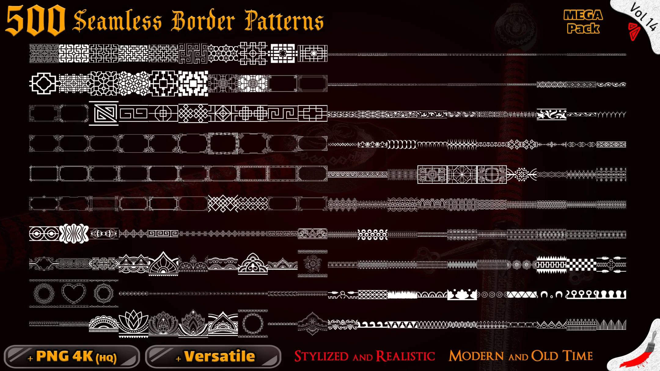 500 Alpha Seamless Border Patterns (MEGA Pack) - Vol 14