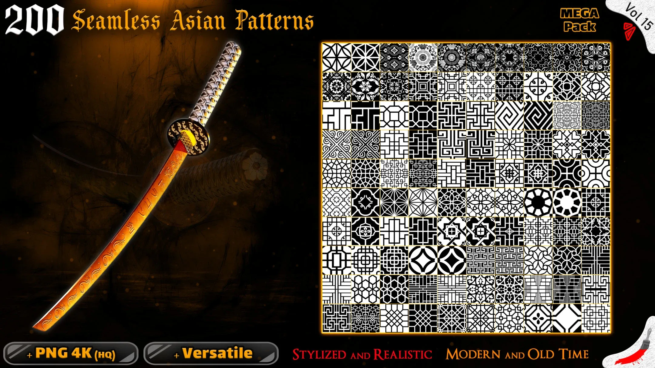 200 Alpha Seamless Asian Patterns (MEGA Pack) - Vol 15