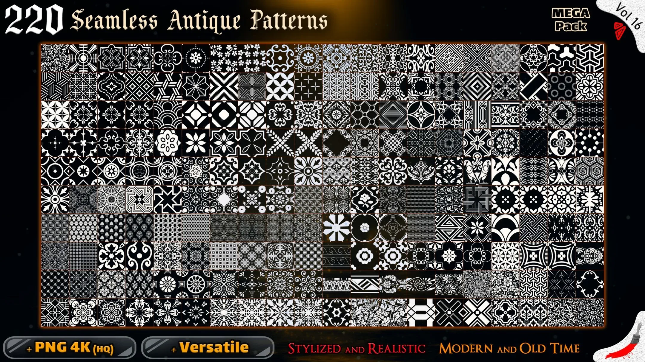 220 Alpha Seamless Antique Patterns (MEGA Pack) - Vol 16