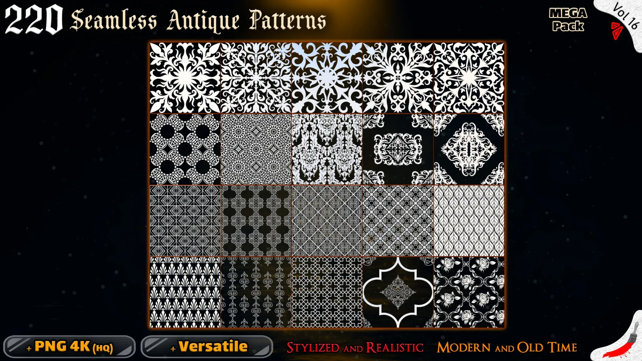 220 Alpha Seamless Antique Patterns (MEGA Pack) - Vol 16