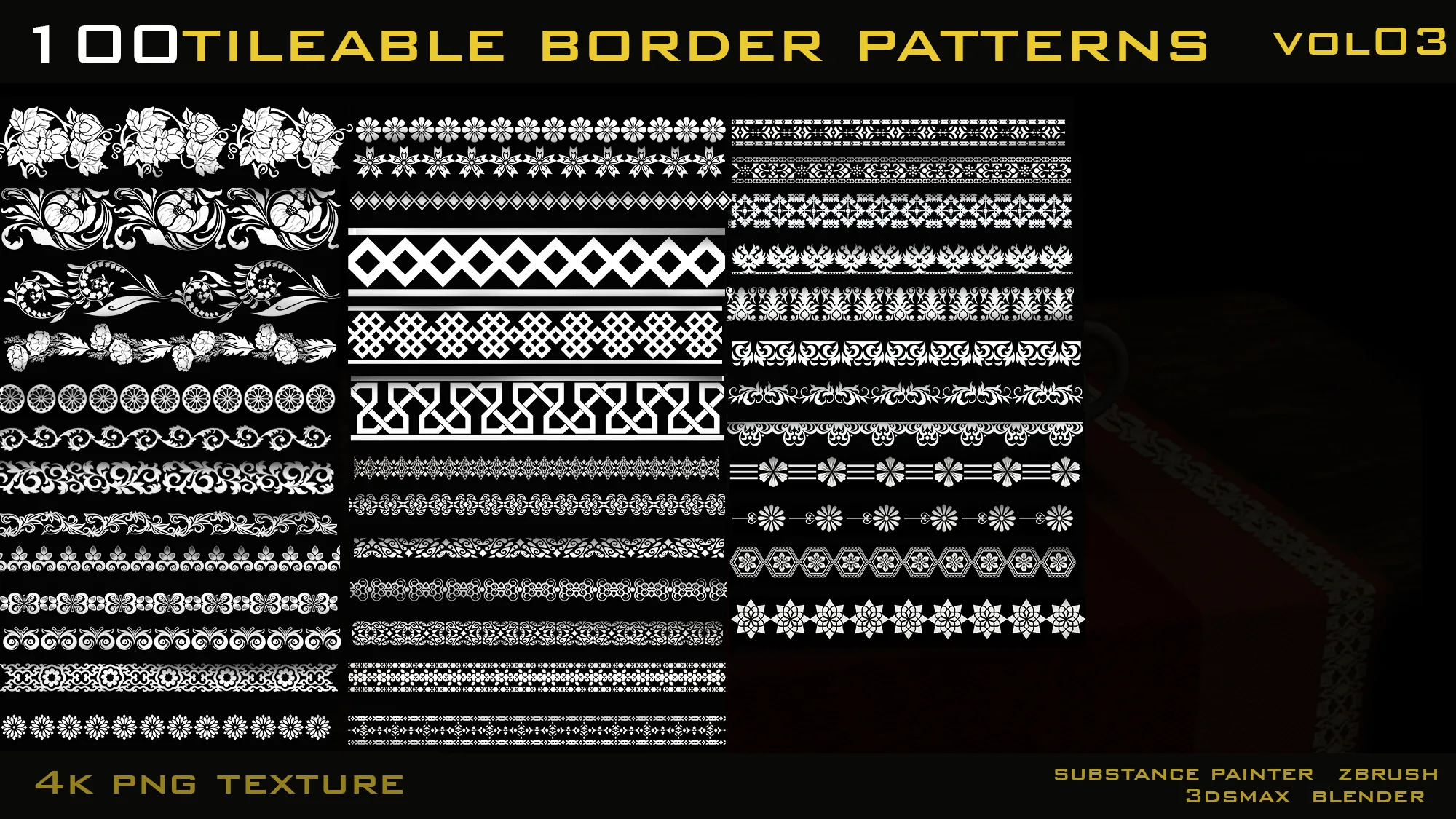 100 Ornamental Tileable Border Patterns-4k png texture-Vol03