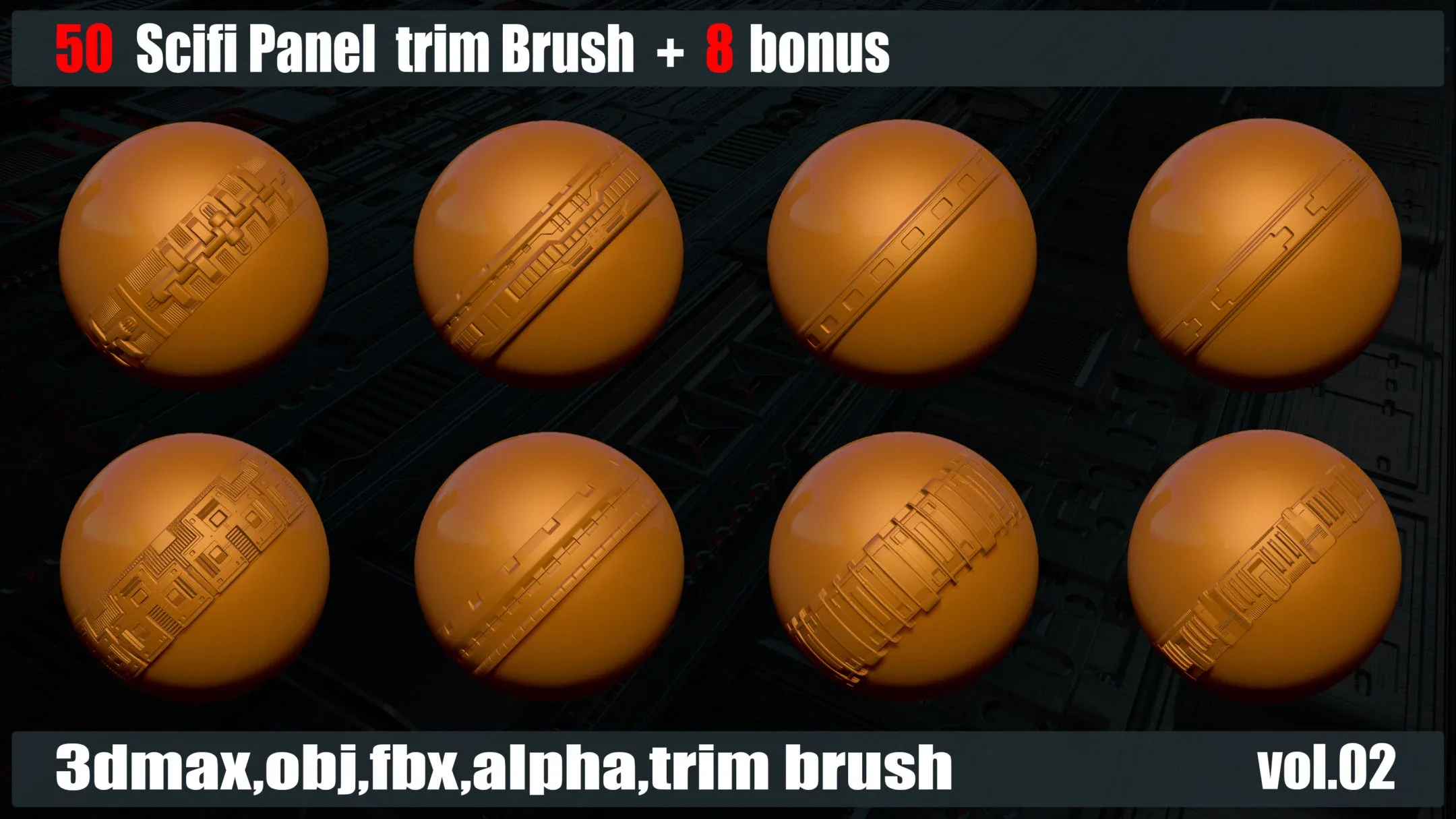 50 Scifi Panel Trim Brush + 8 Bonus + 3D Models + Alpha (vol.02)