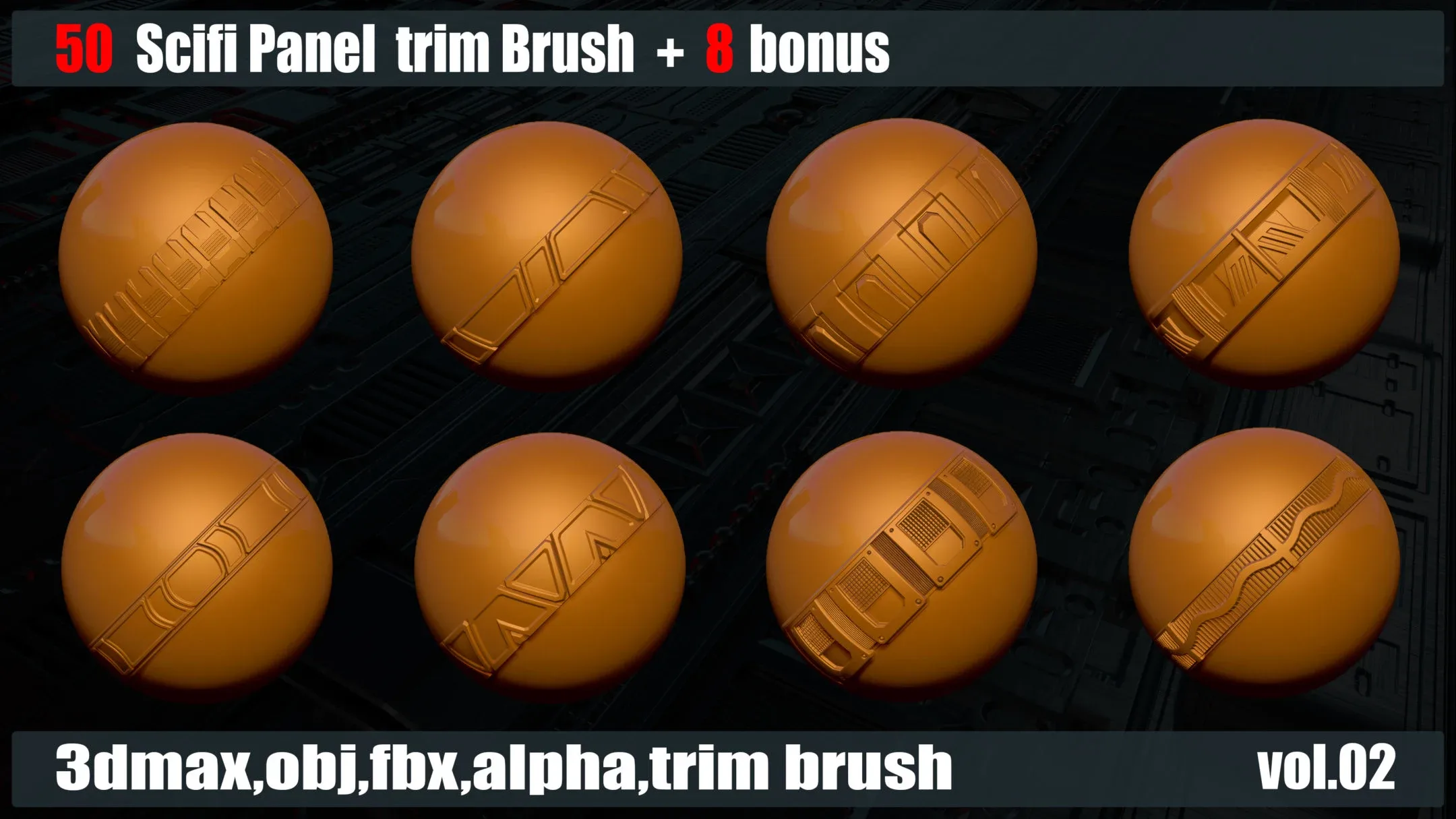 50 Scifi Panel Trim Brush + 8 Bonus + 3D Models + Alpha (vol.02)