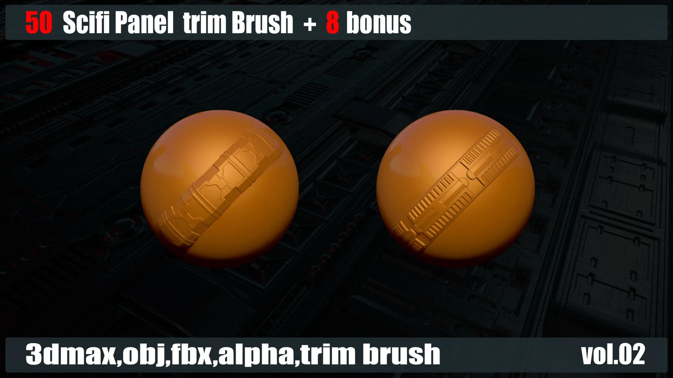 50 Scifi Panel Trim Brush + 8 Bonus + 3D Models + Alpha (vol.02)