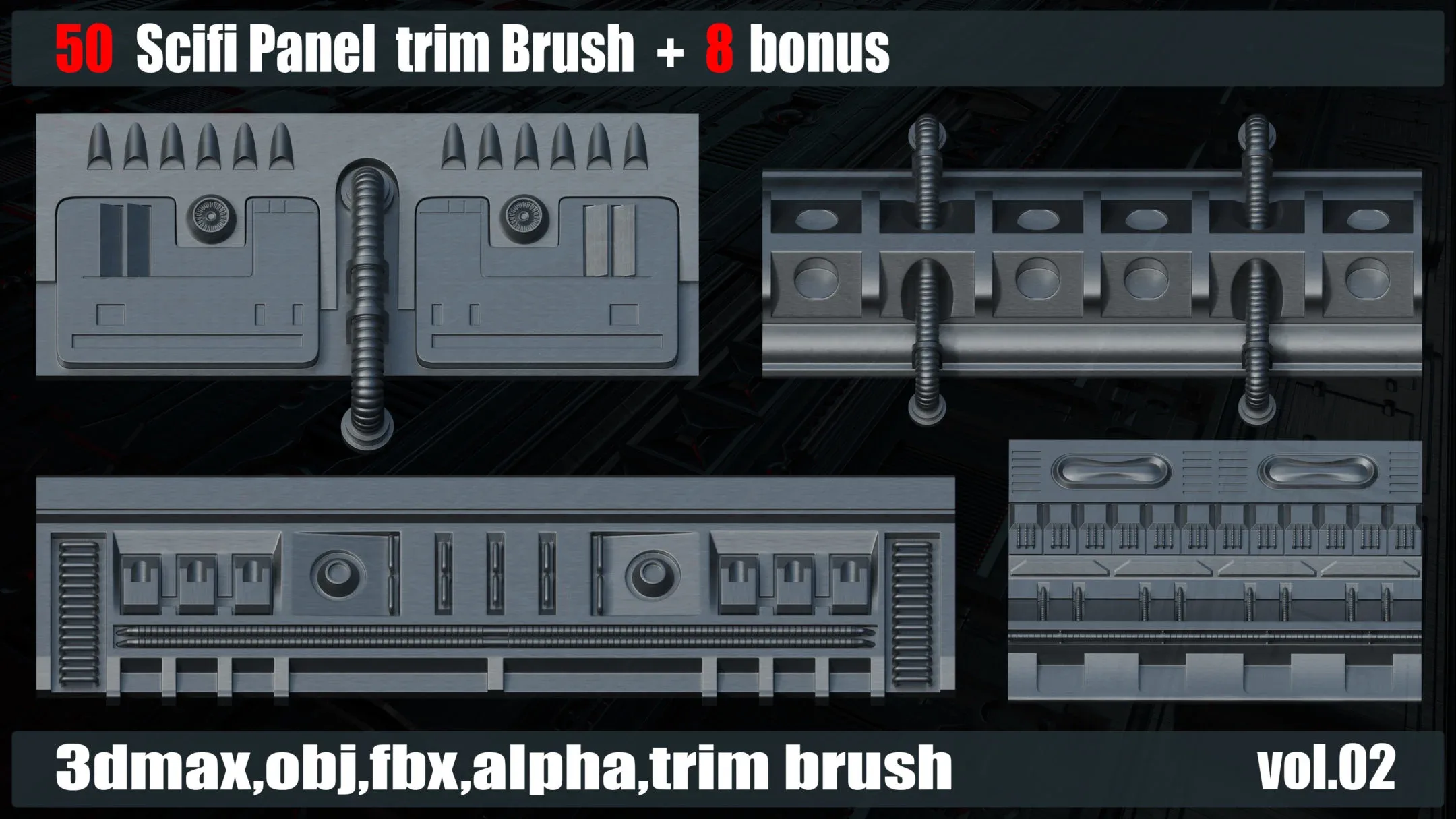 50 Scifi Panel Trim Brush + 8 Bonus + 3D Models + Alpha (vol.02)