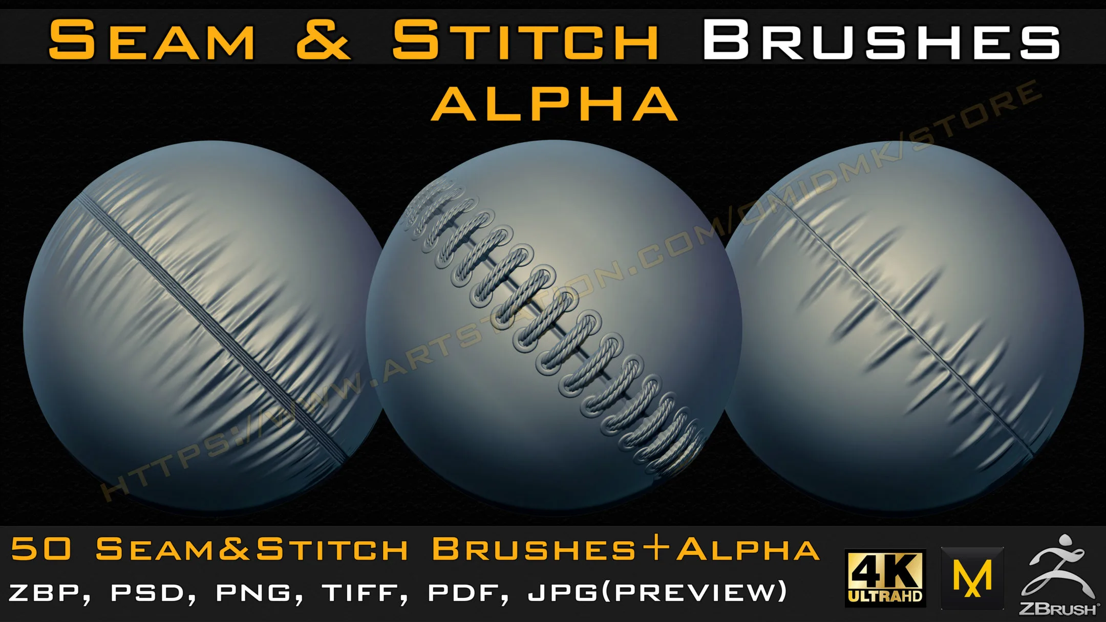 50 Seam & Stitch Brushes & Alpha (Tileable 4k-16bit) Vol.03