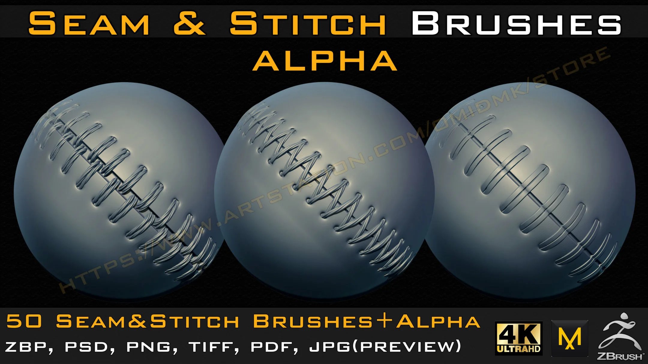 50 Seam & Stitch Brushes & Alpha (Tileable 4k-16bit) Vol.03