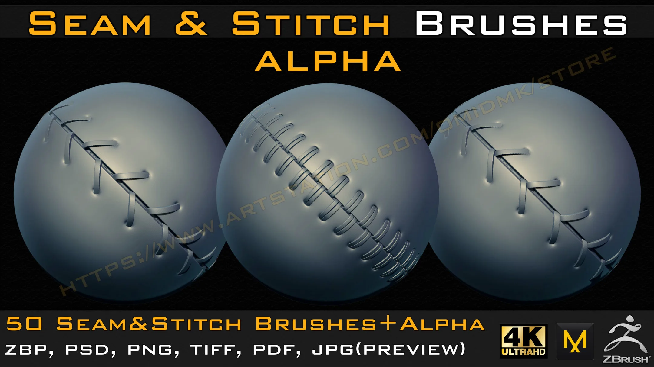 50 Seam & Stitch Brushes & Alpha (Tileable 4k-16bit) Vol.03