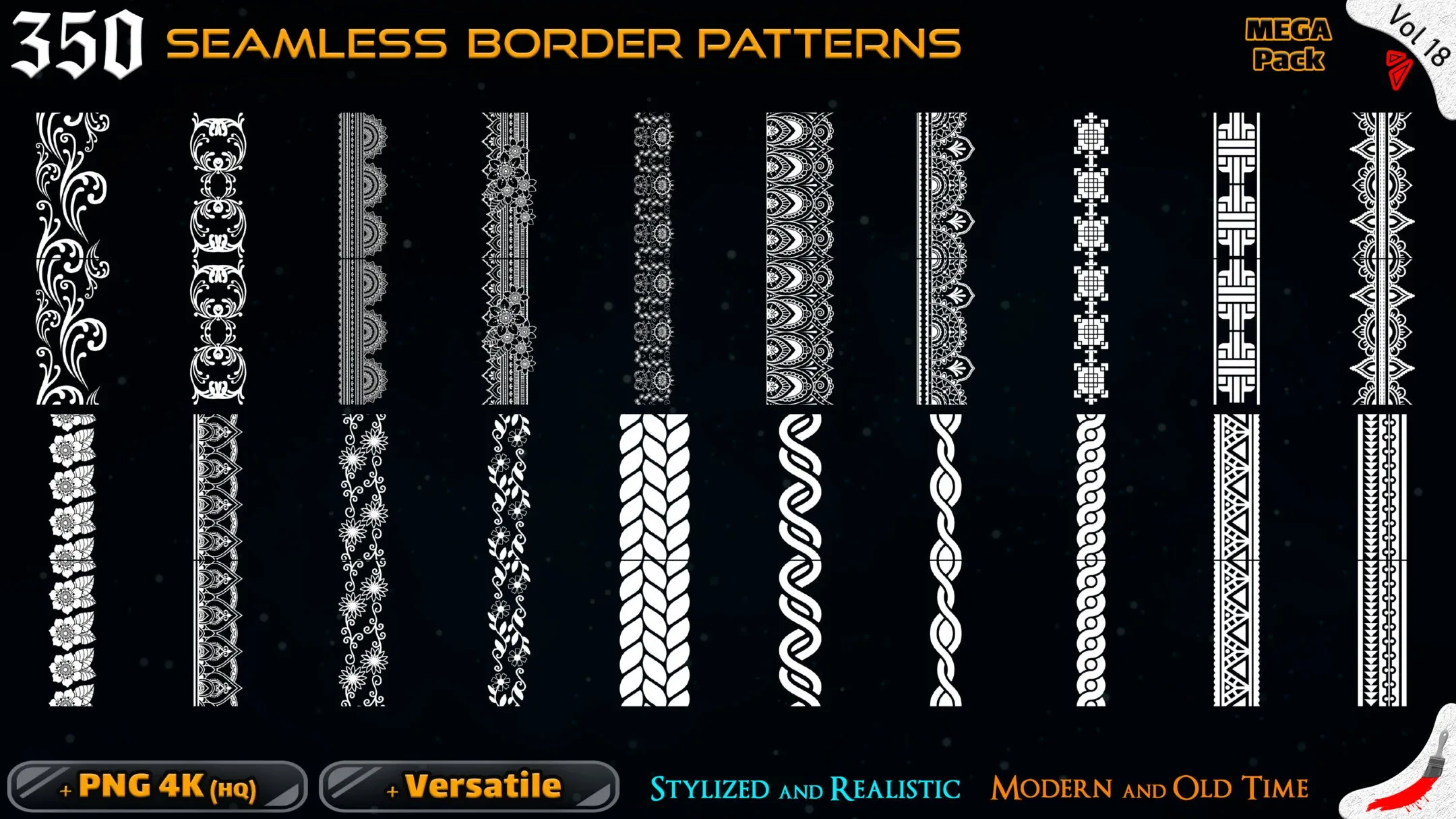 350 Alpha Seamless Border Patterns (MEGA Pack) - Vol 18