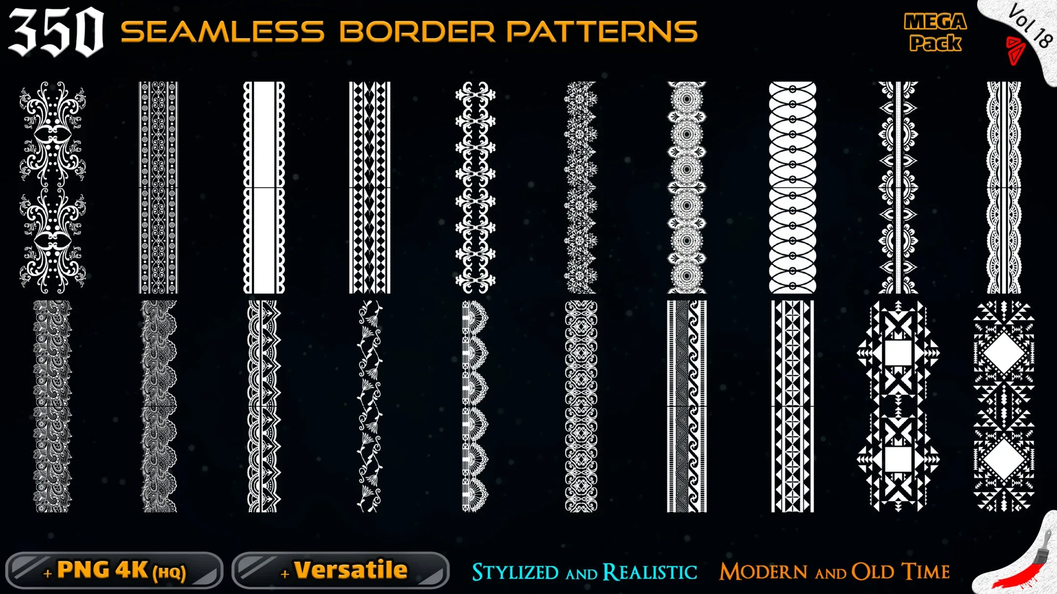 350 Alpha Seamless Border Patterns (MEGA Pack) - Vol 18