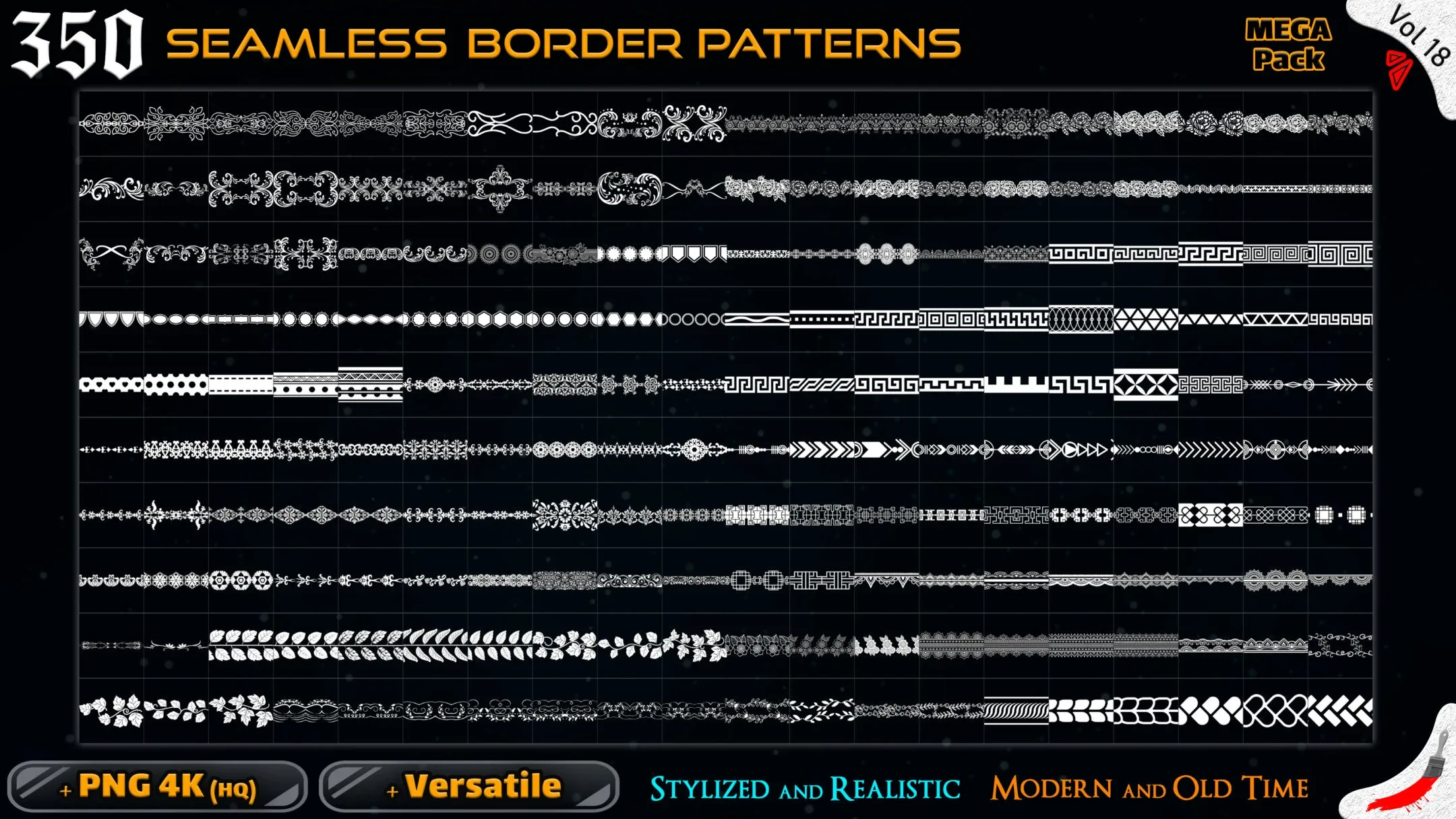 350 Alpha Seamless Border Patterns (MEGA Pack) - Vol 18