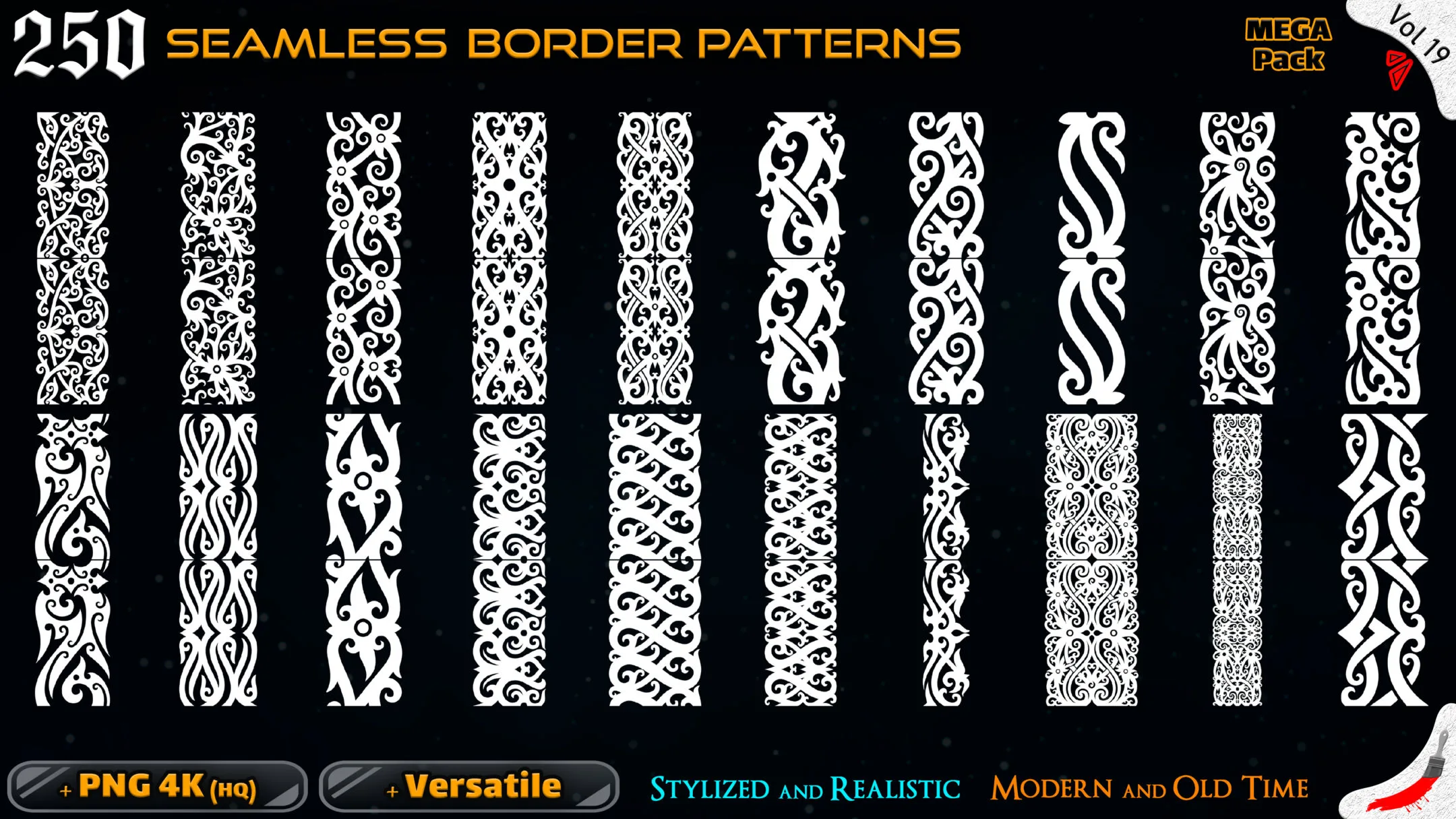 250 Alpha Seamless Border Patterns (MEGA Pack) – Vol 19