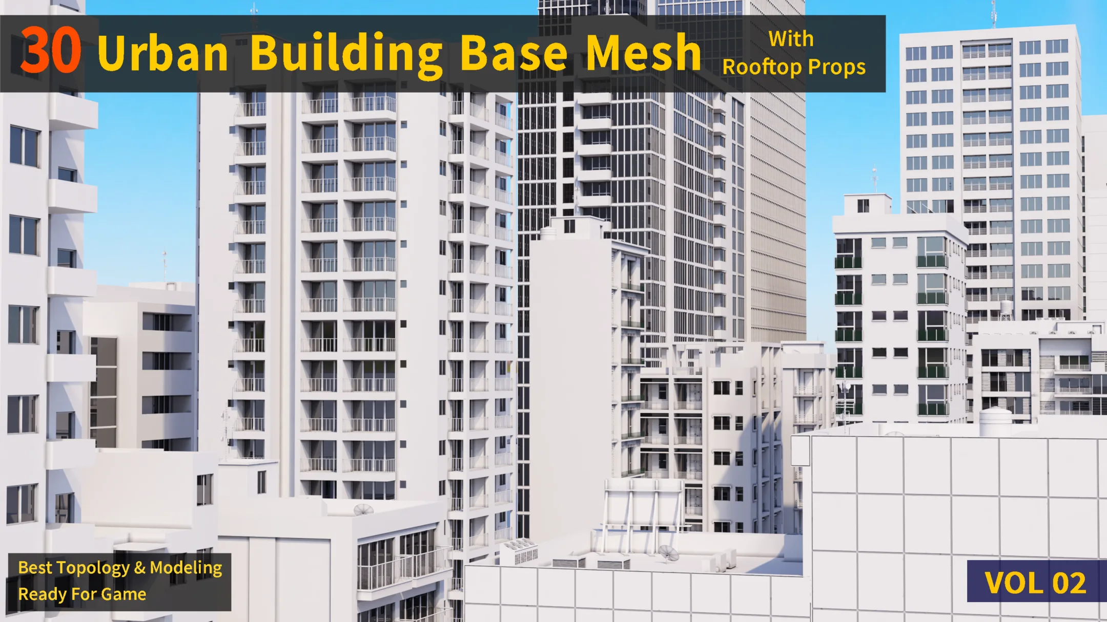 30 Urban Building Base Mesh (with Rooftop) - Real scale and size