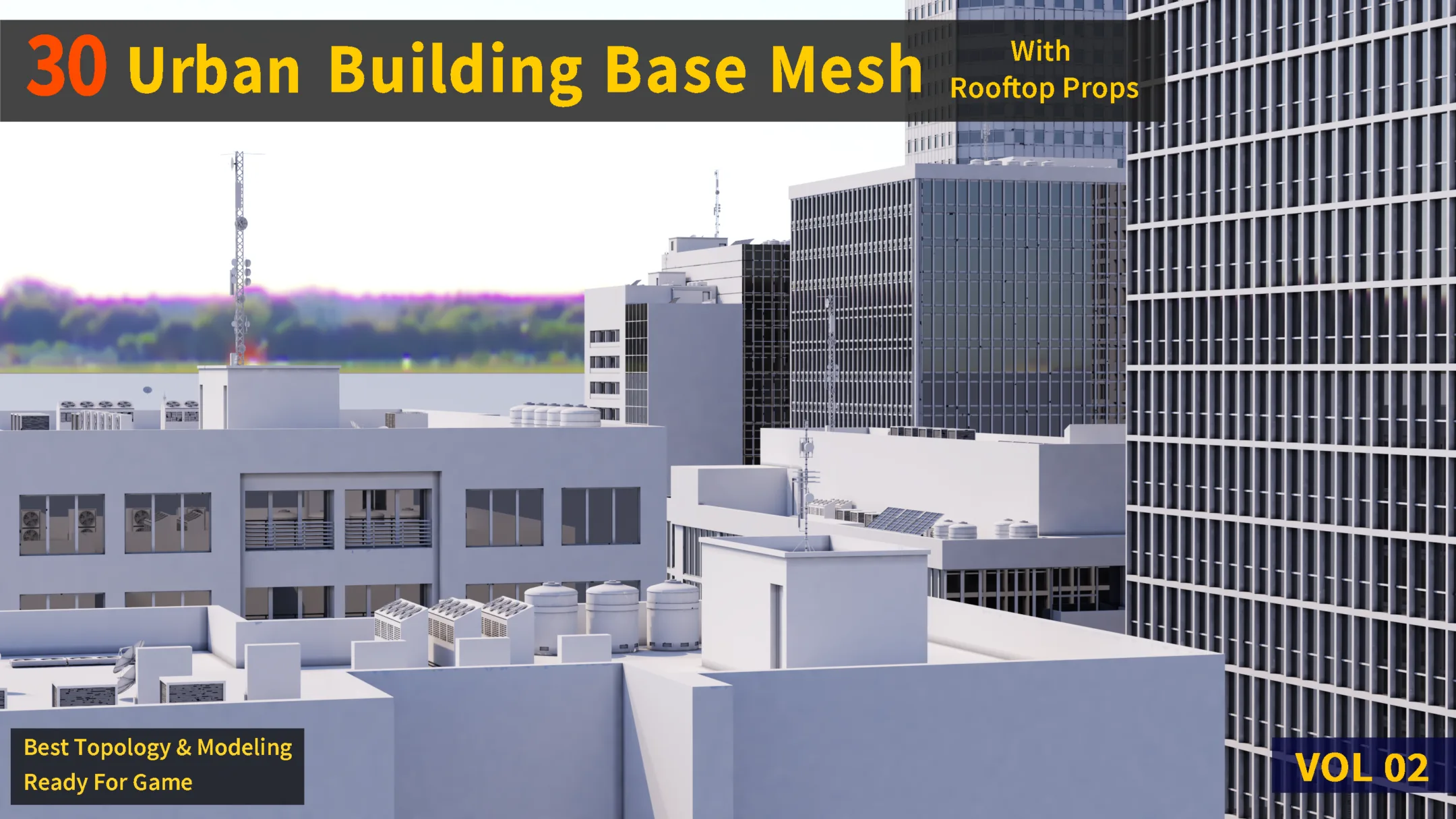 30 Urban Building Base Mesh (with Rooftop) - Real scale and size