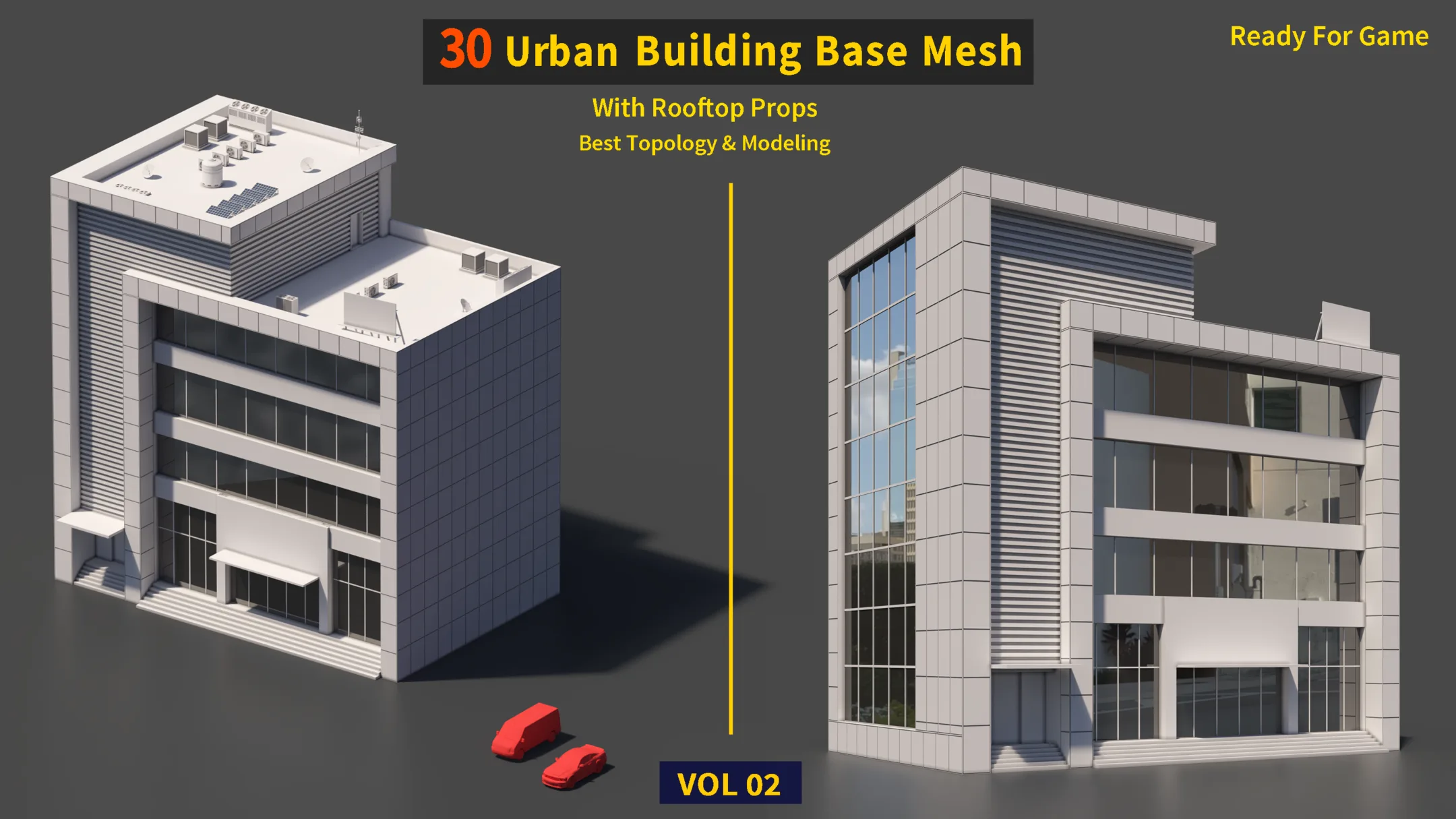 30 Urban Building Base Mesh (with Rooftop) - Real scale and size