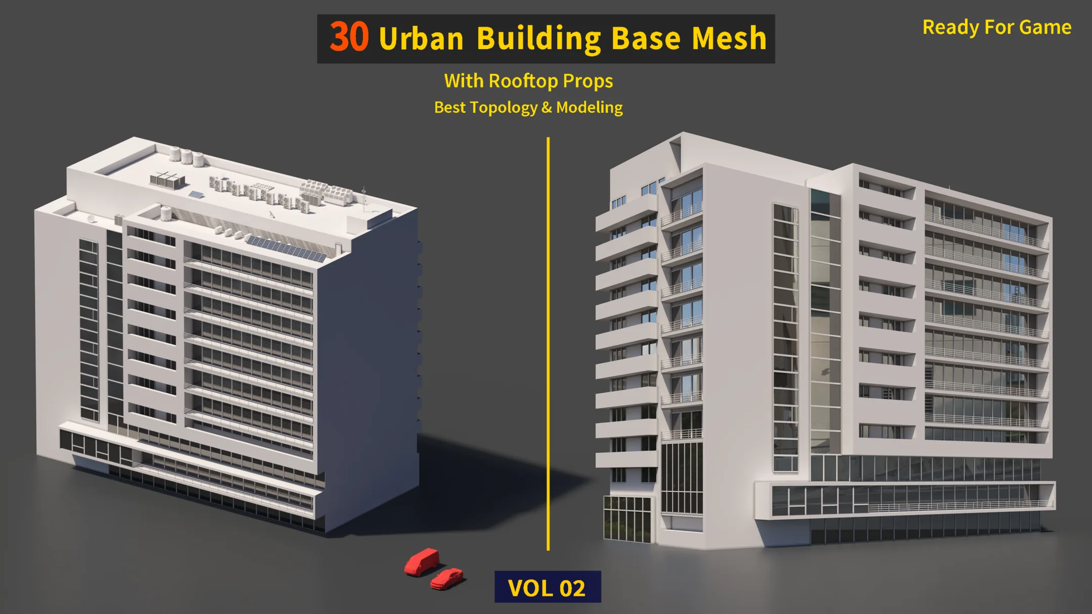 30 Urban Building Base Mesh (with Rooftop) - Real scale and size