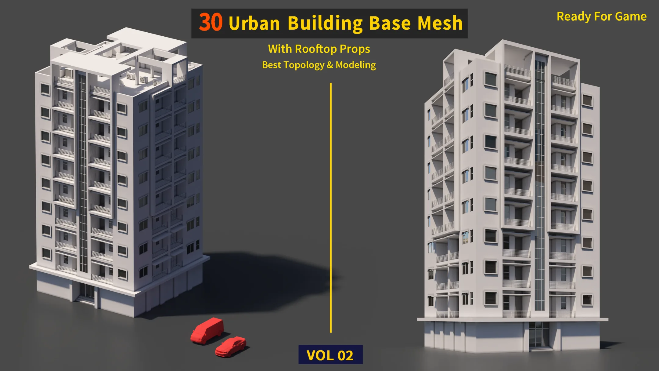 30 Urban Building Base Mesh (with Rooftop) - Real scale and size