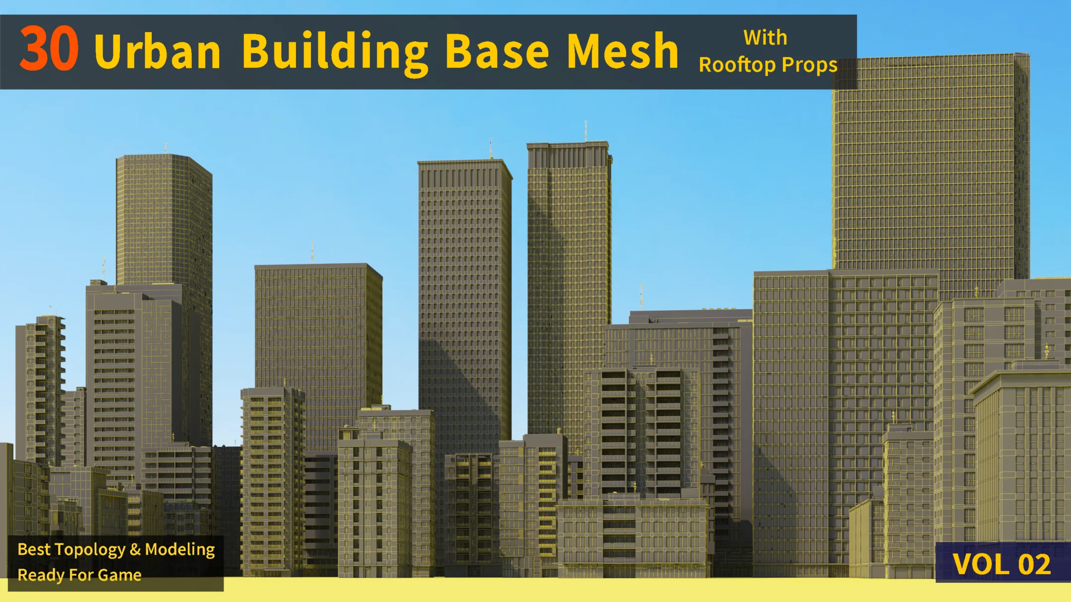 30 Urban Building Base Mesh (with Rooftop) - Real scale and size