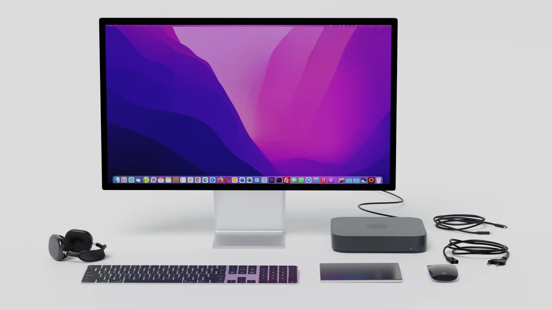 Mac mini 2022 with keyboard mouse trackpad and airPods Max