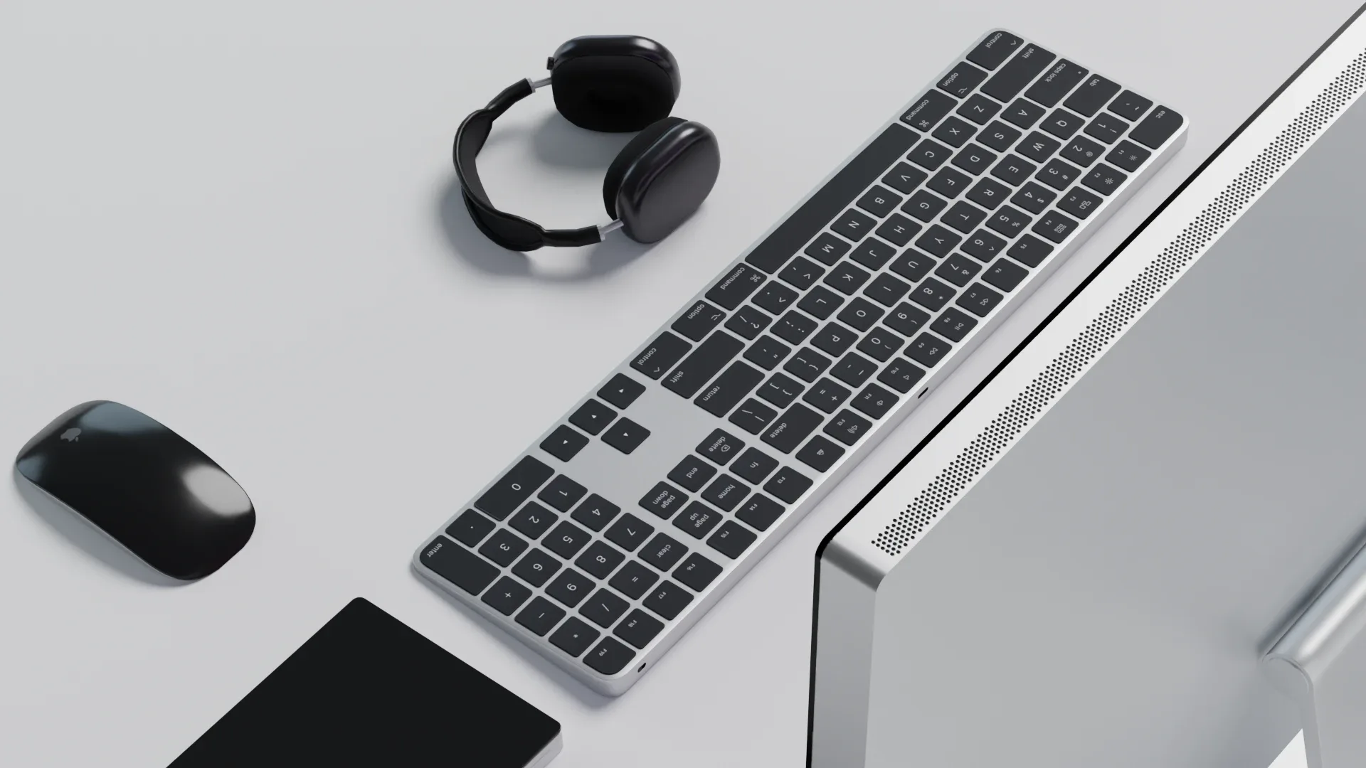 Mac mini 2022 with keyboard mouse trackpad and airPods Max