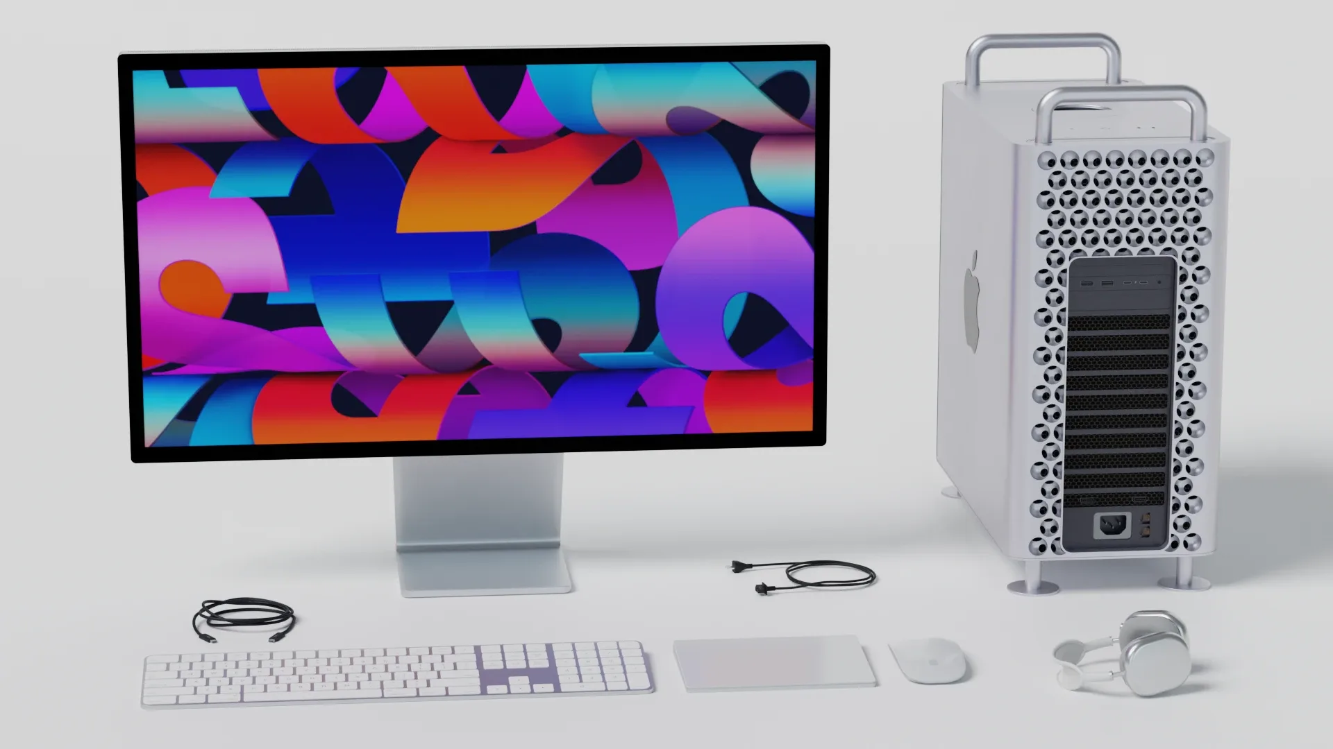 Mac Pro 2022 with keyboard mouse trackpad and airPods Max