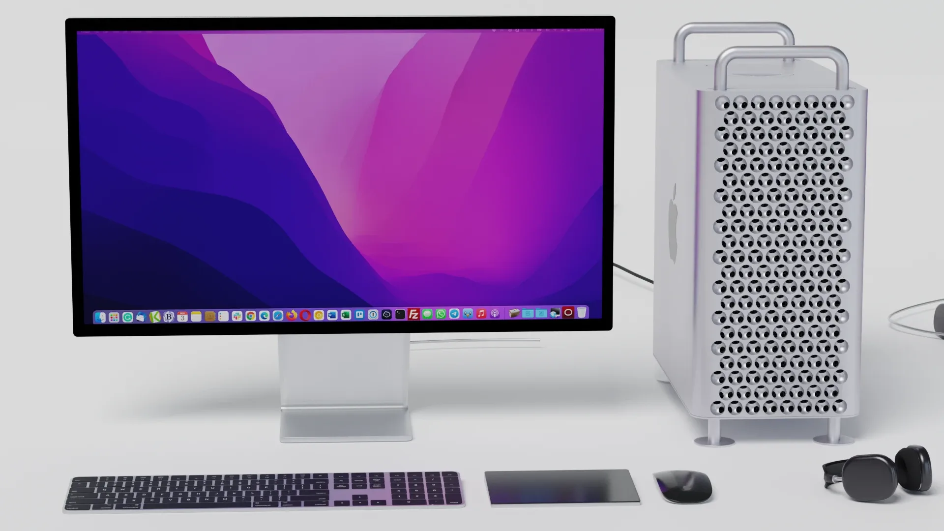 Mac Pro 2022 with keyboard mouse trackpad and airPods Max