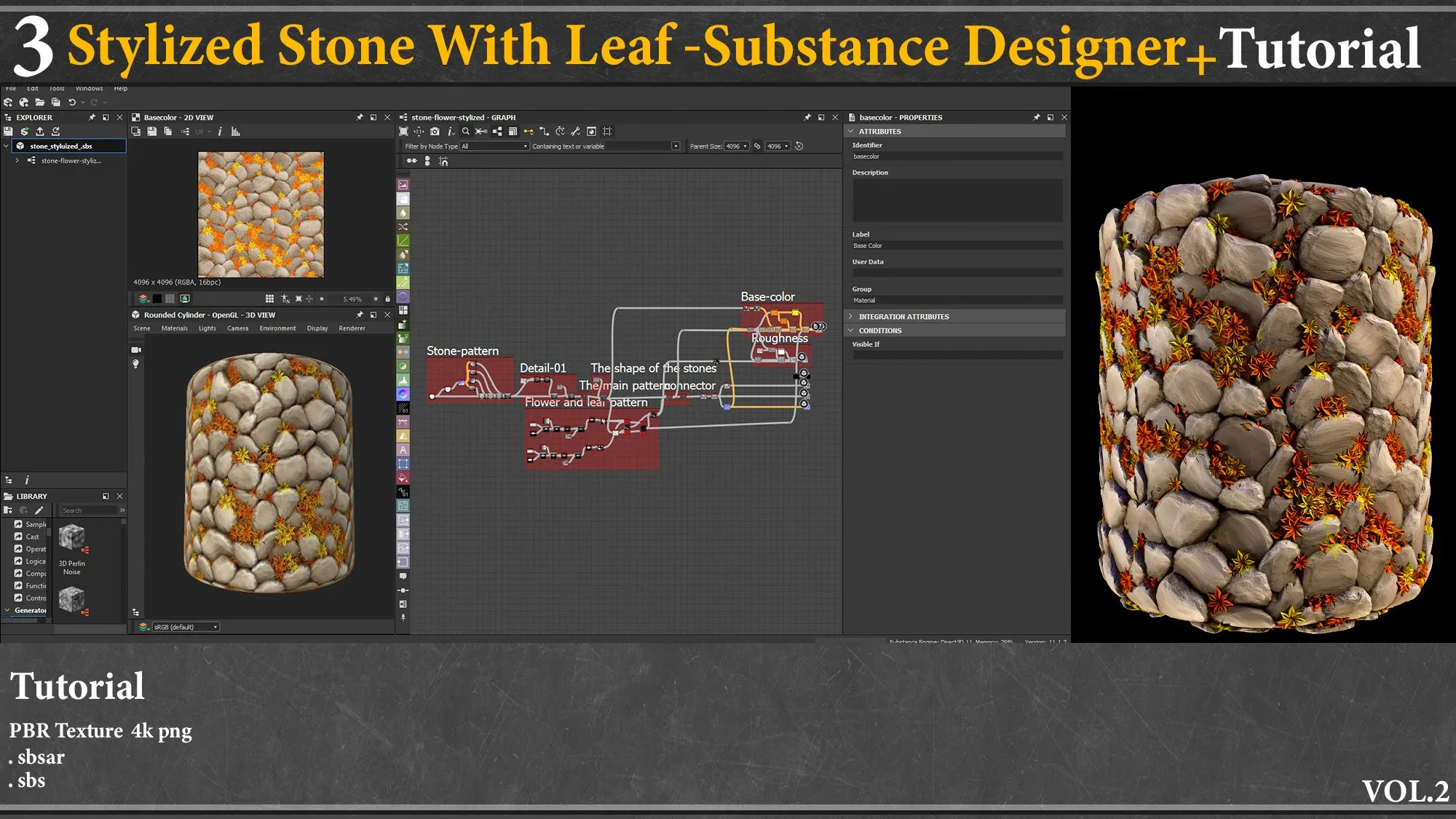 3 Stylized Stone With Leaf Material_substance Designer +Tutorial