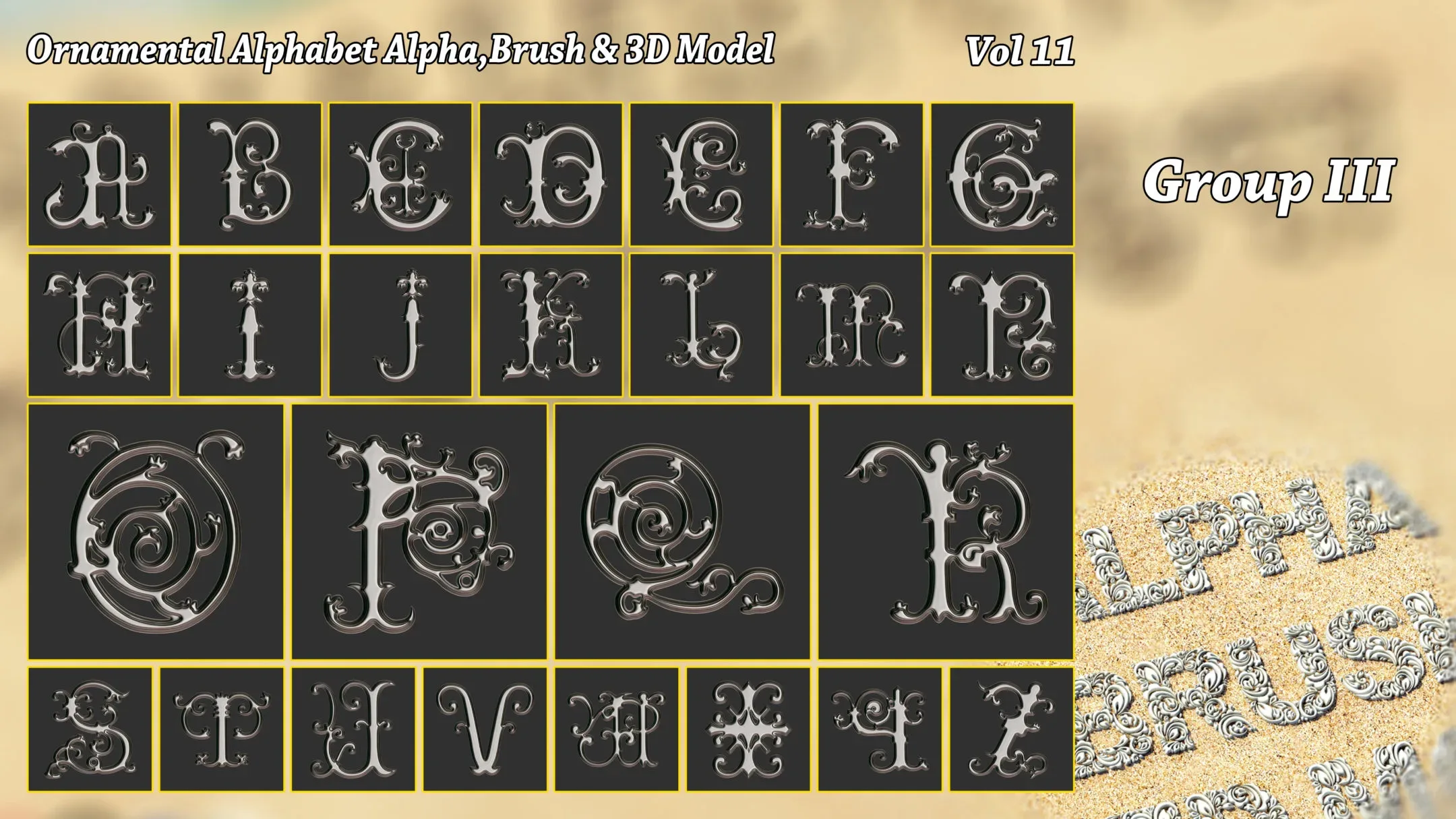 Ornamental Alphabet Brush + Alpha + 3D model vol 11