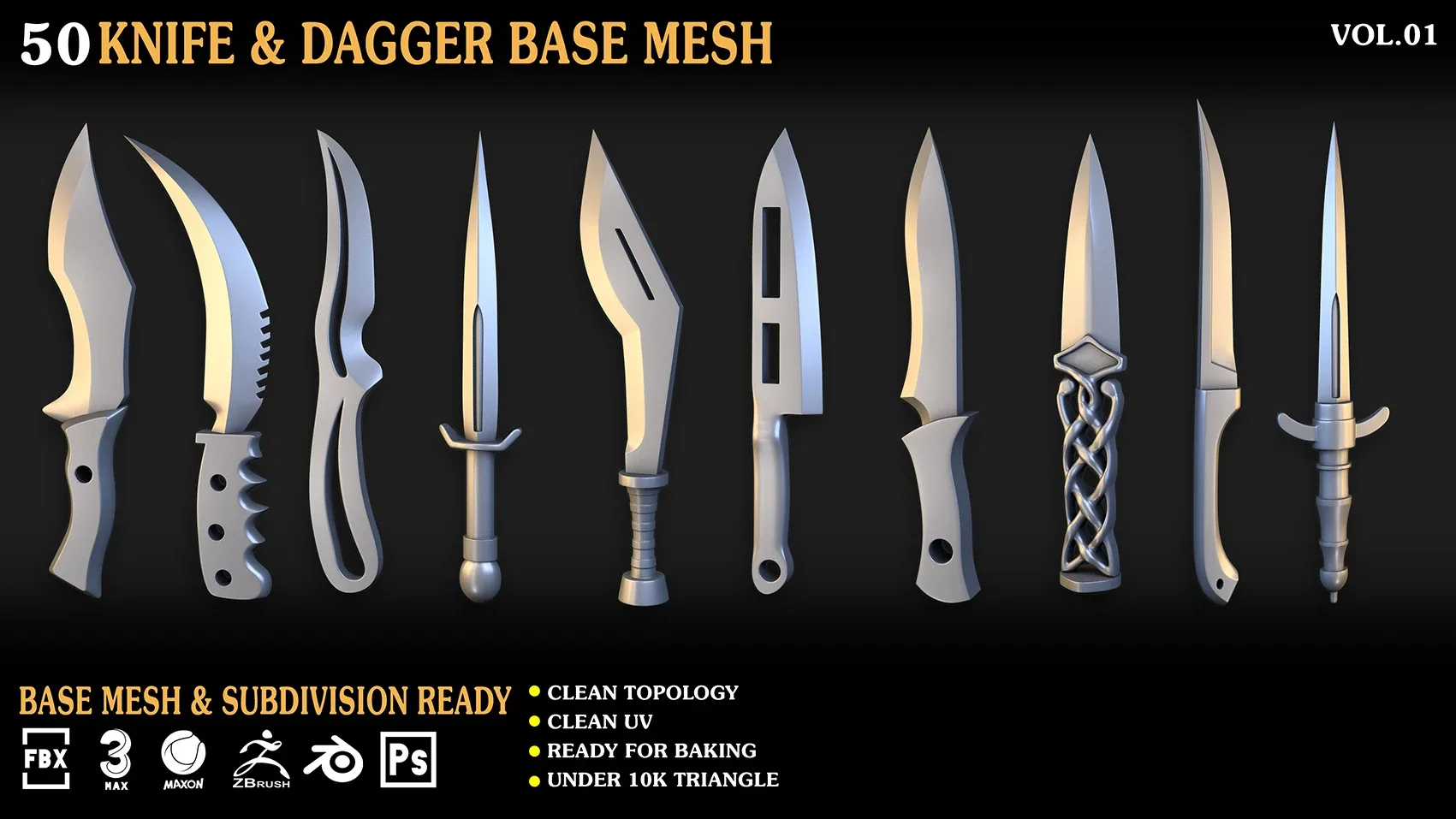 50 Knife & Dagger Base Mesh_Vol 001(MAX,blend,FBX,C4d,ZBP,obj)