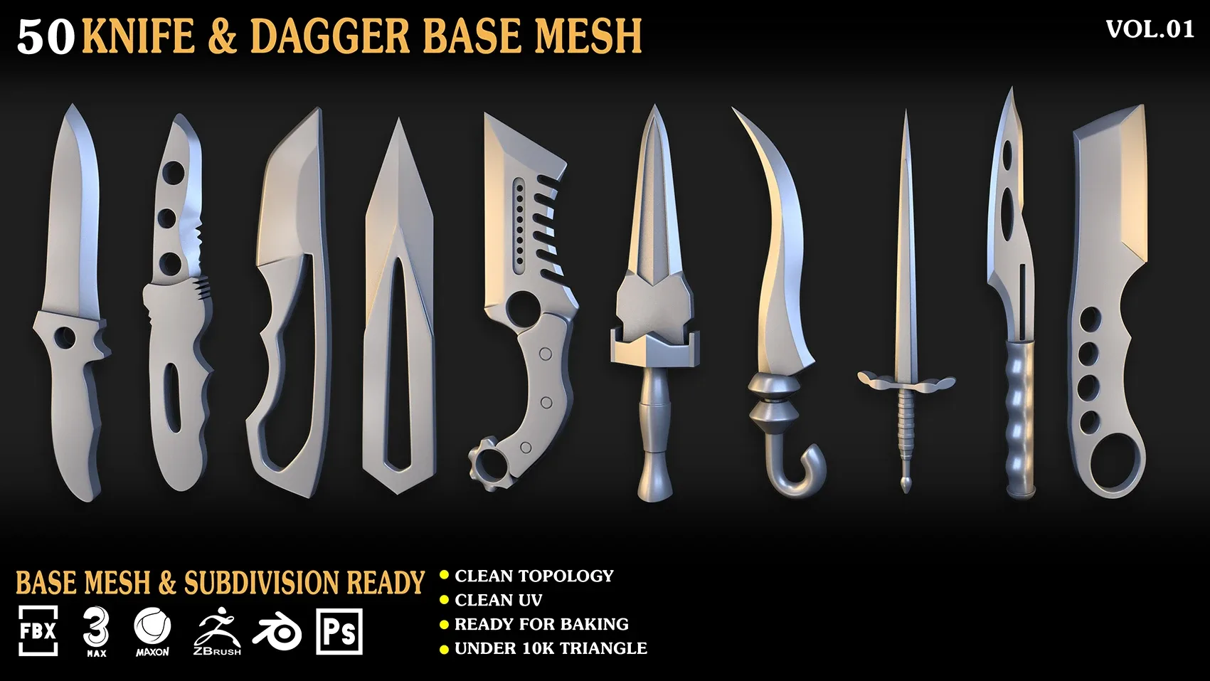 50 Knife & Dagger Base Mesh_Vol 001(MAX,blend,FBX,C4d,ZBP,obj)