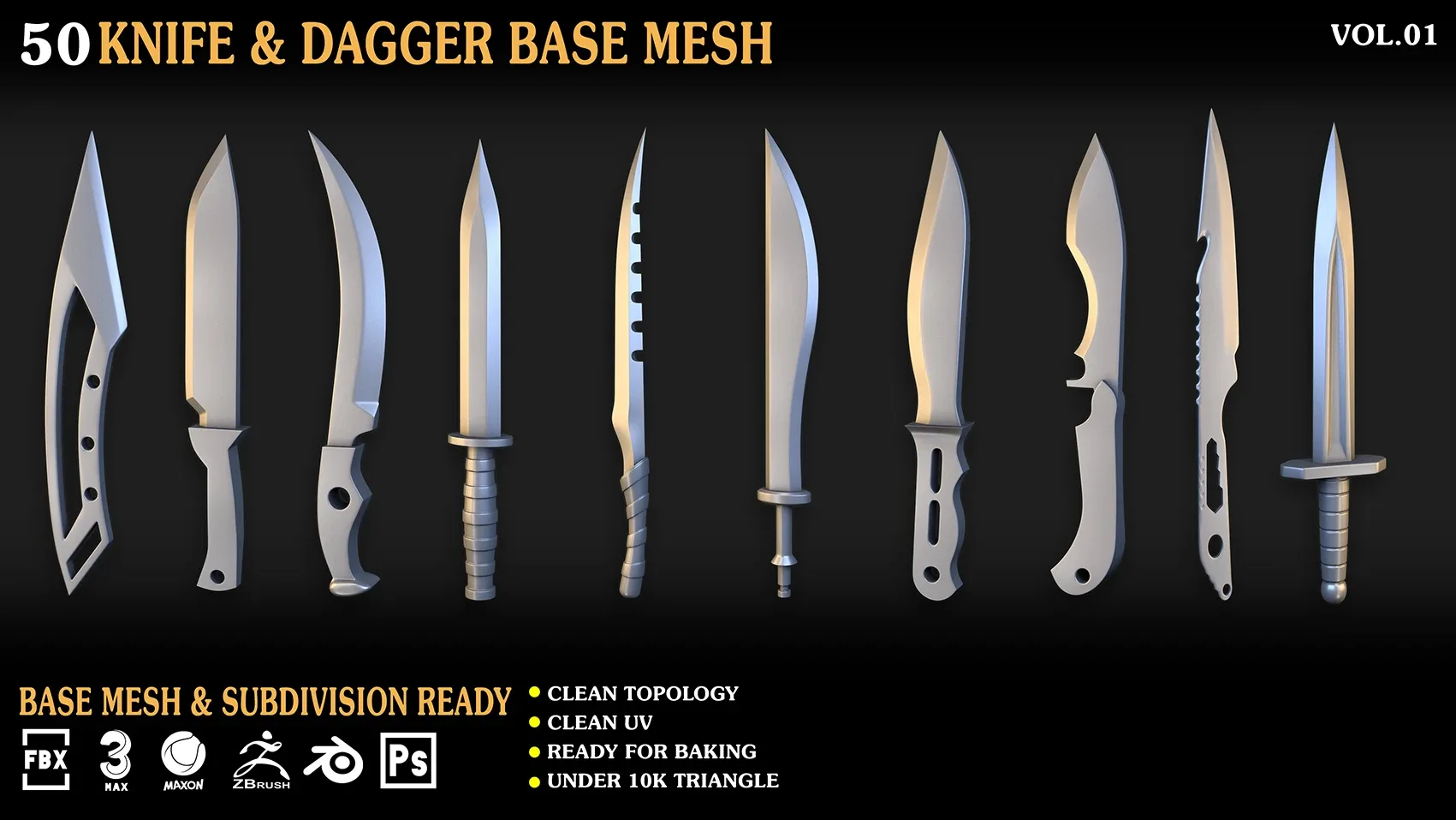 50 Knife & Dagger Base Mesh_Vol 001(MAX,blend,FBX,C4d,ZBP,obj)