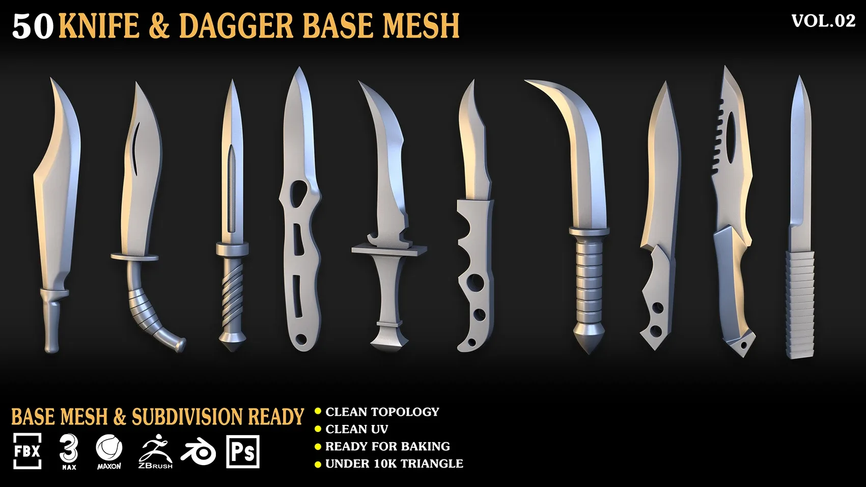 50 Knife & Dagger Base Mesh_Vol 002(MAX,blend,FBX,C4d,ZBP,obj)