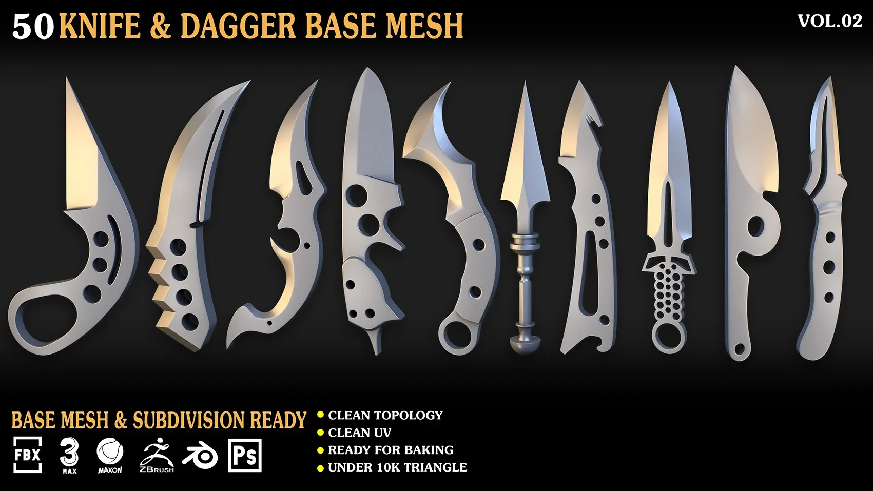 50 Knife & Dagger Base Mesh_Vol 002(MAX,blend,FBX,C4d,ZBP,obj)