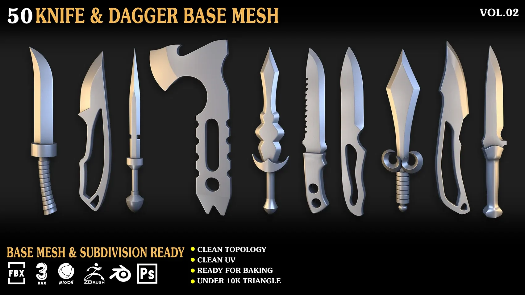 50 Knife & Dagger Base Mesh_Vol 002(MAX,blend,FBX,C4d,ZBP,obj)