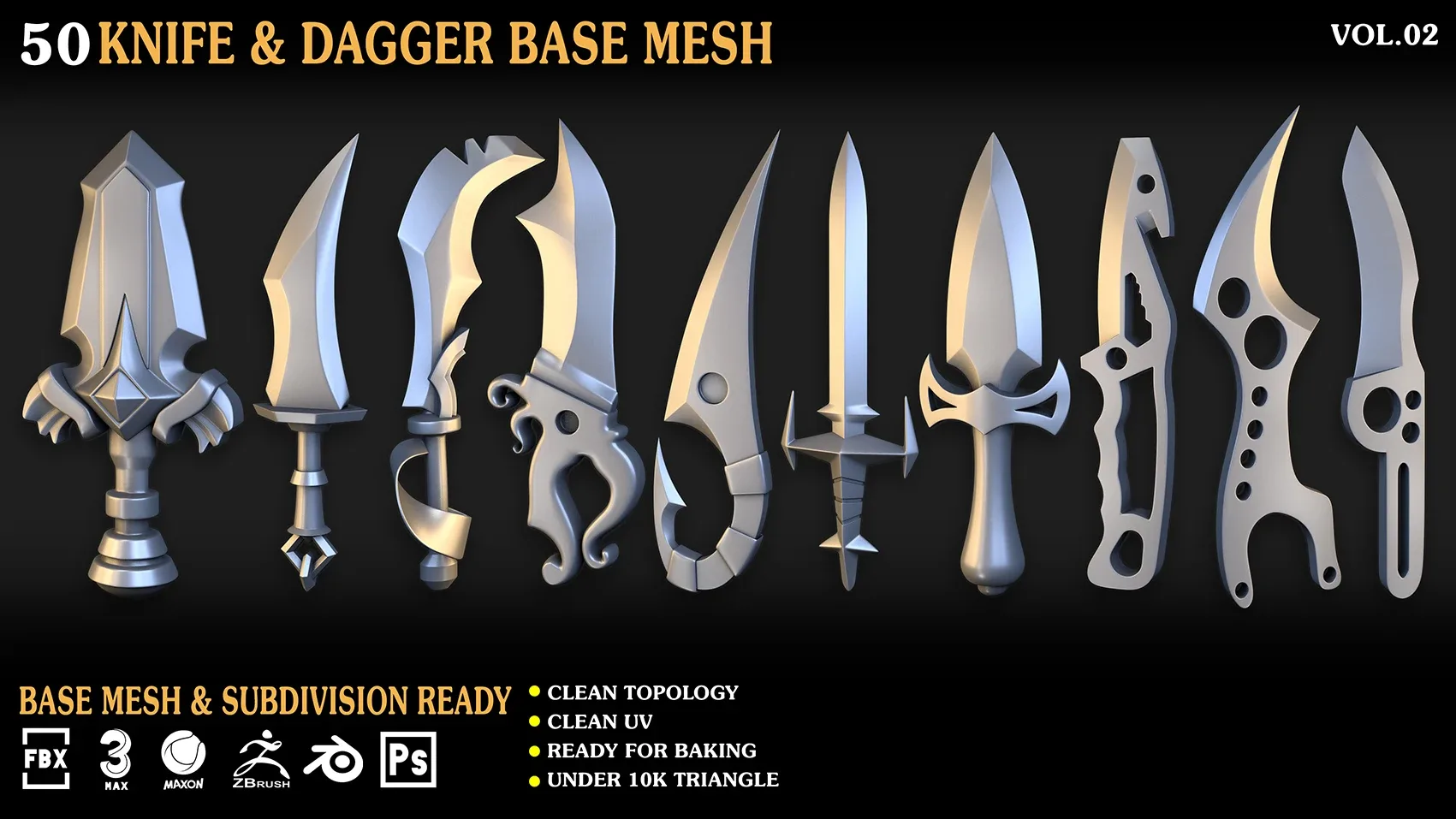 50 Knife & Dagger Base Mesh_Vol 002(MAX,blend,FBX,C4d,ZBP,obj)