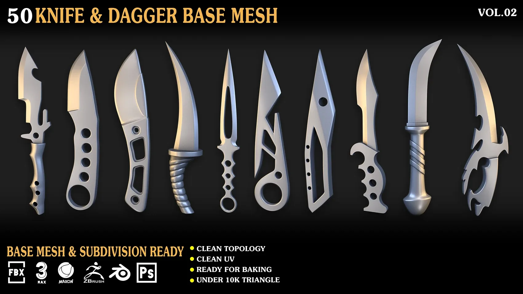 50 Knife & Dagger Base Mesh_Vol 002(MAX,blend,FBX,C4d,ZBP,obj)