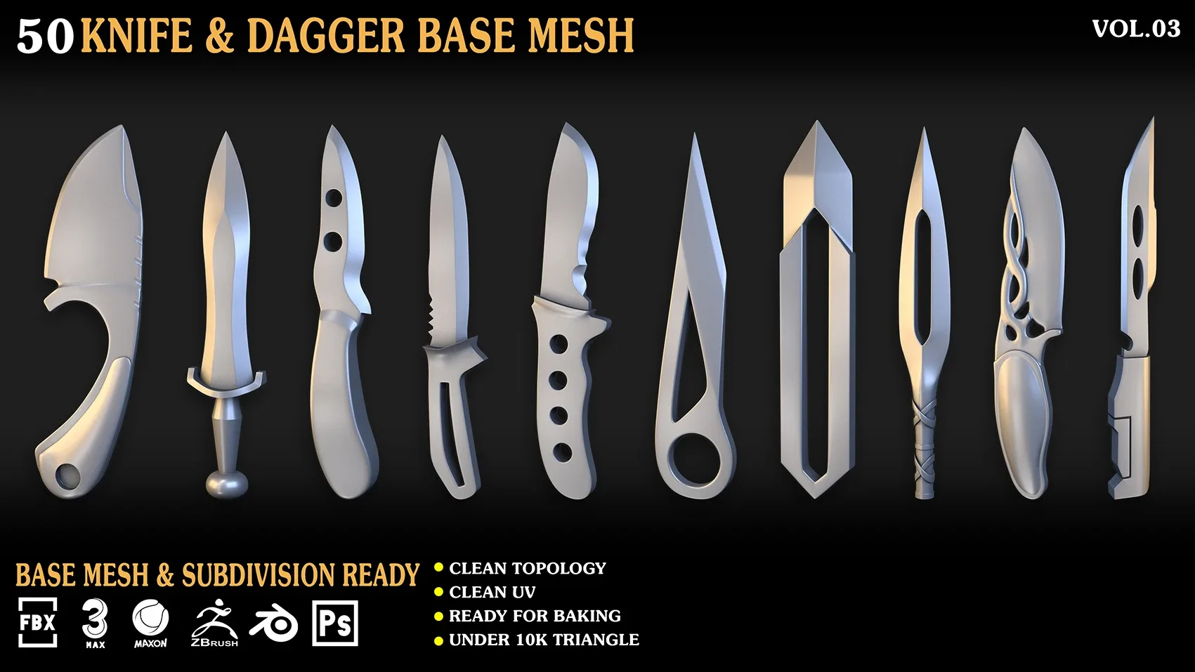 50 Knife & Dagger Base Mesh_Vol 003(MAX,blend,FBX,C4d,ZBP,obj)