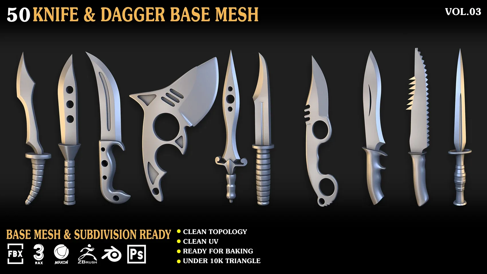 50 Knife & Dagger Base Mesh_Vol 003(MAX,blend,FBX,C4d,ZBP,obj)