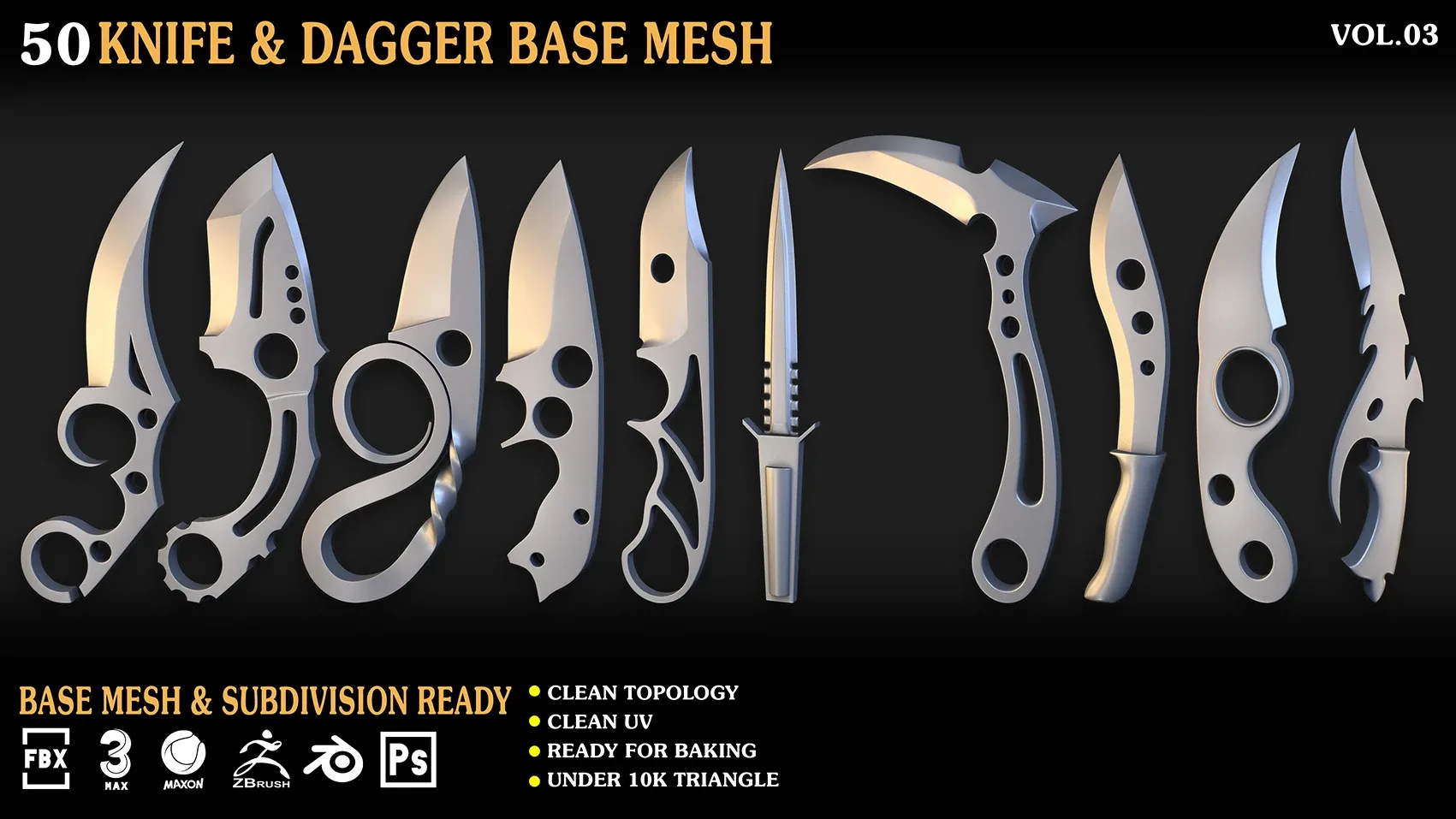 50 Knife & Dagger Base Mesh_Vol 003(MAX,blend,FBX,C4d,ZBP,obj)