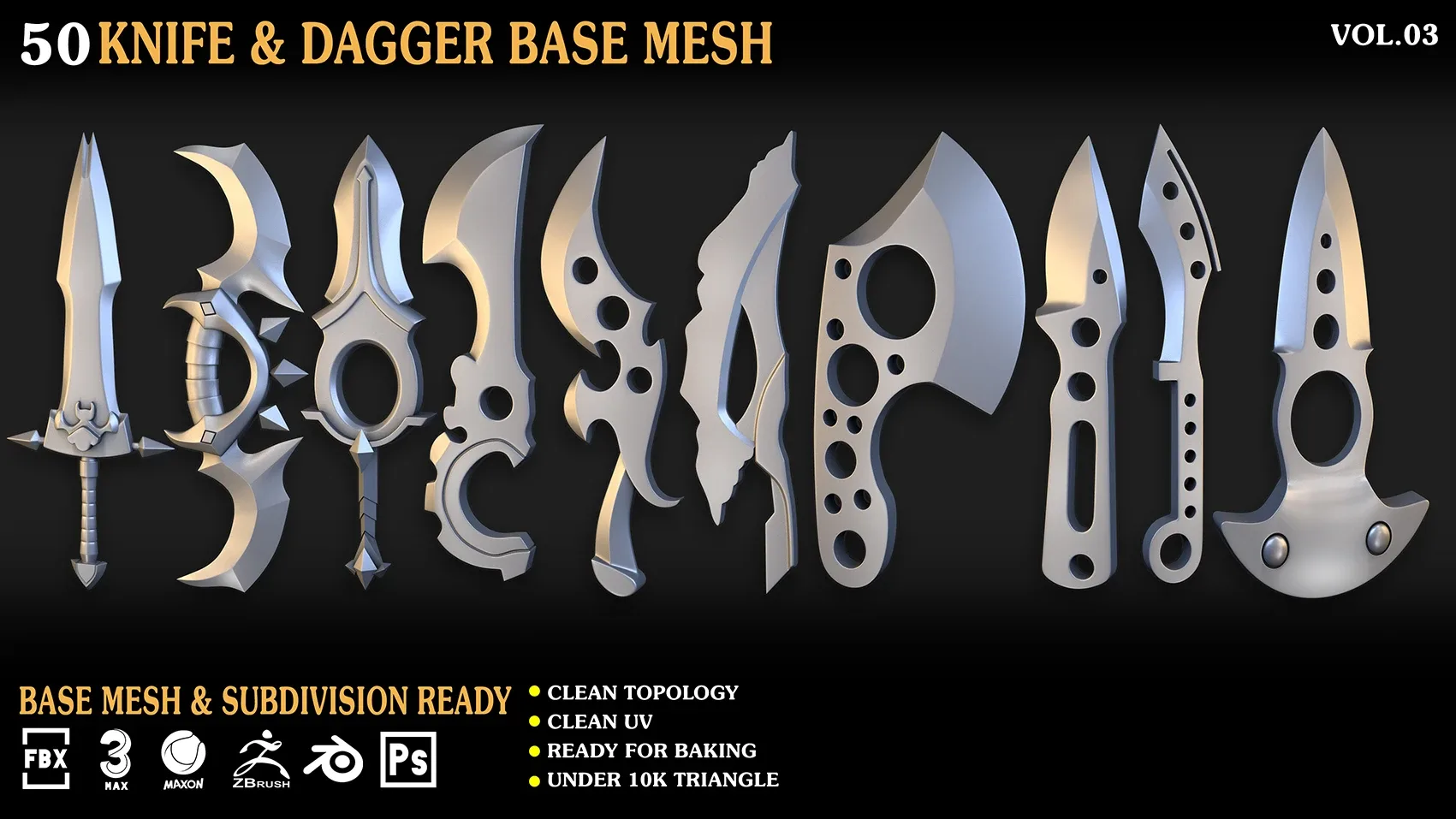 50 Knife & Dagger Base Mesh_Vol 003(MAX,blend,FBX,C4d,ZBP,obj)