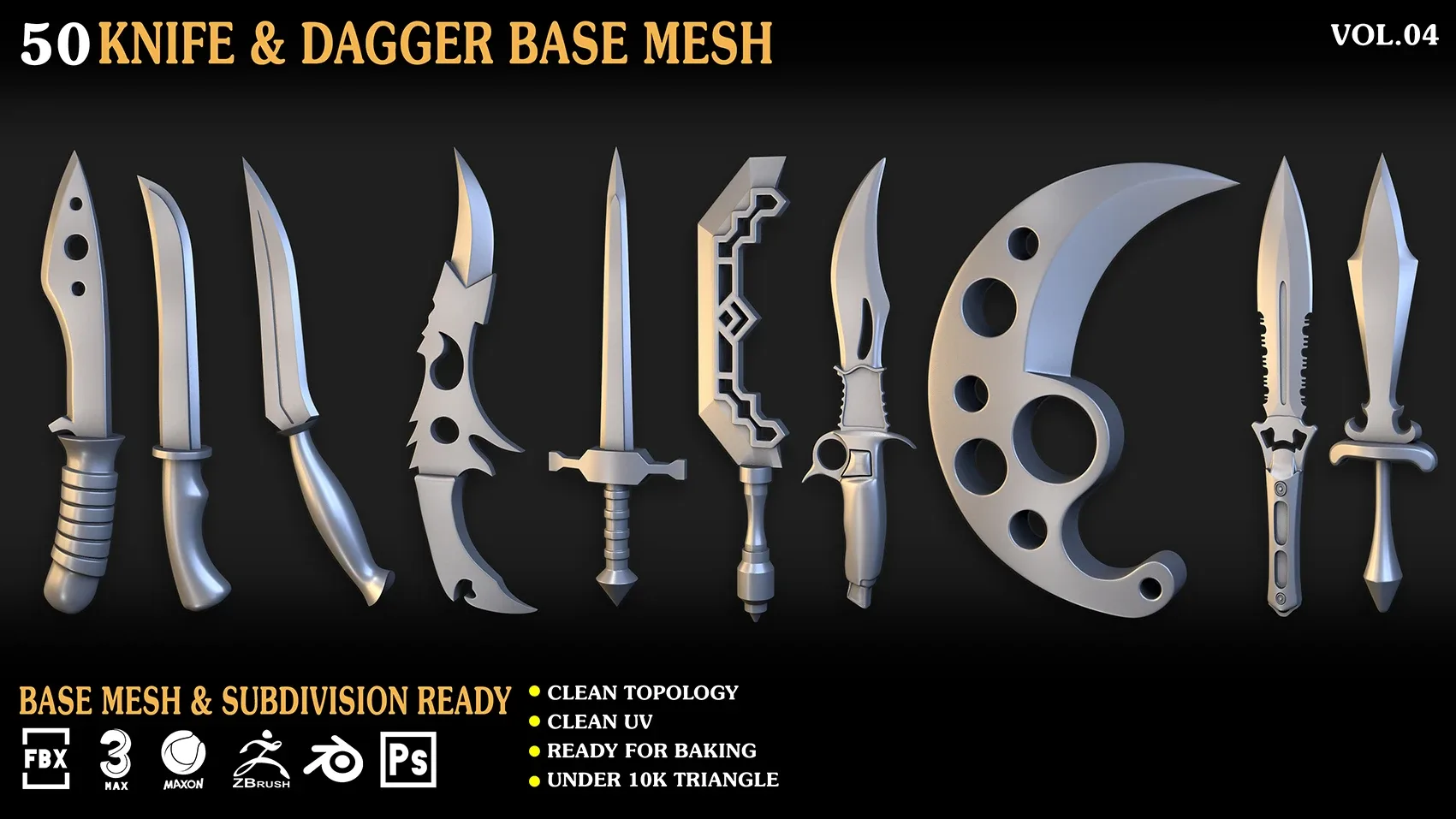 50 Knife & Dagger Base Mesh_Vol 004(MAX,blend,FBX,C4d,ZBP,obj)