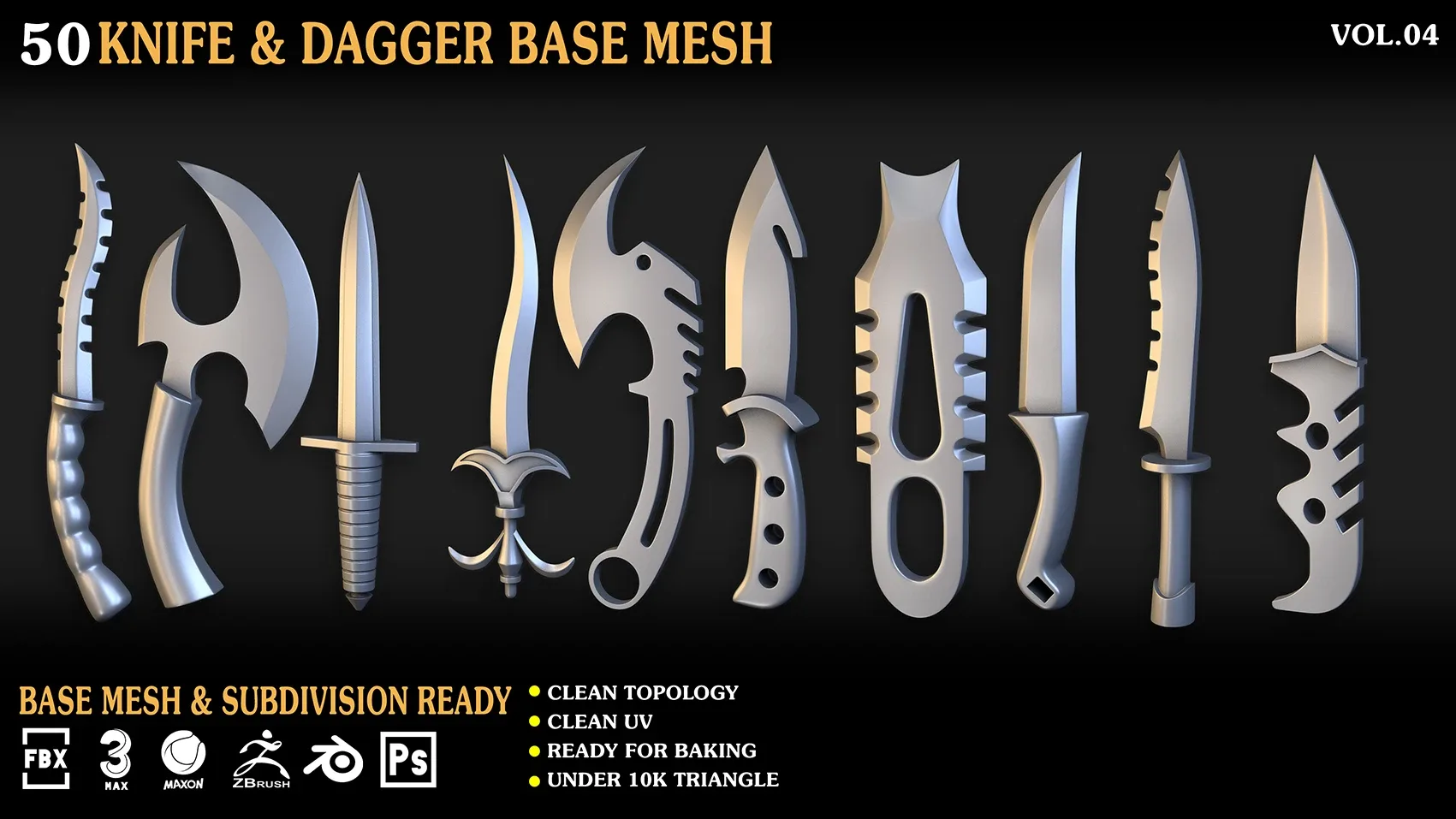 50 Knife & Dagger Base Mesh_Vol 004(MAX,blend,FBX,C4d,ZBP,obj)