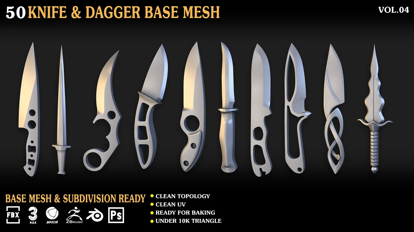 50 Knife & Dagger Base Mesh_Vol 004(MAX,blend,FBX,C4d,ZBP,obj)