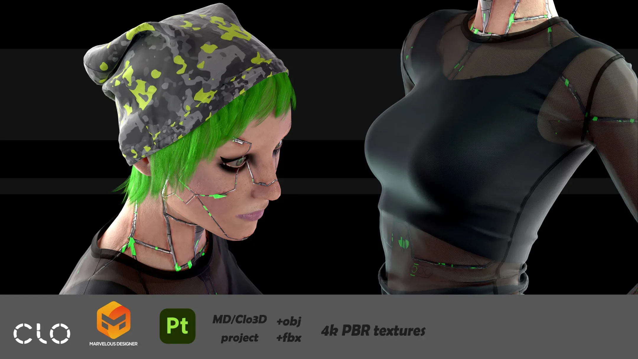 CyberGirl StreetWear Outfit / CLO3D / Marvelous Designer+ZPRJ+OBJ+FBX/ female genesis 8.1