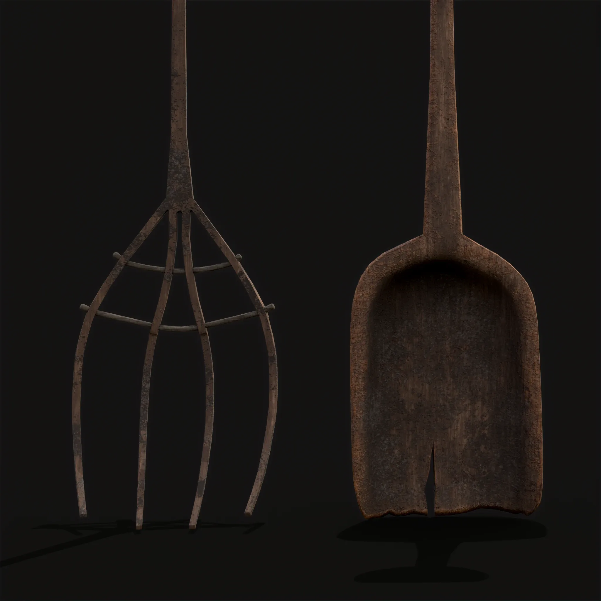 Rustic Medieval Wooden Shovel and Rake